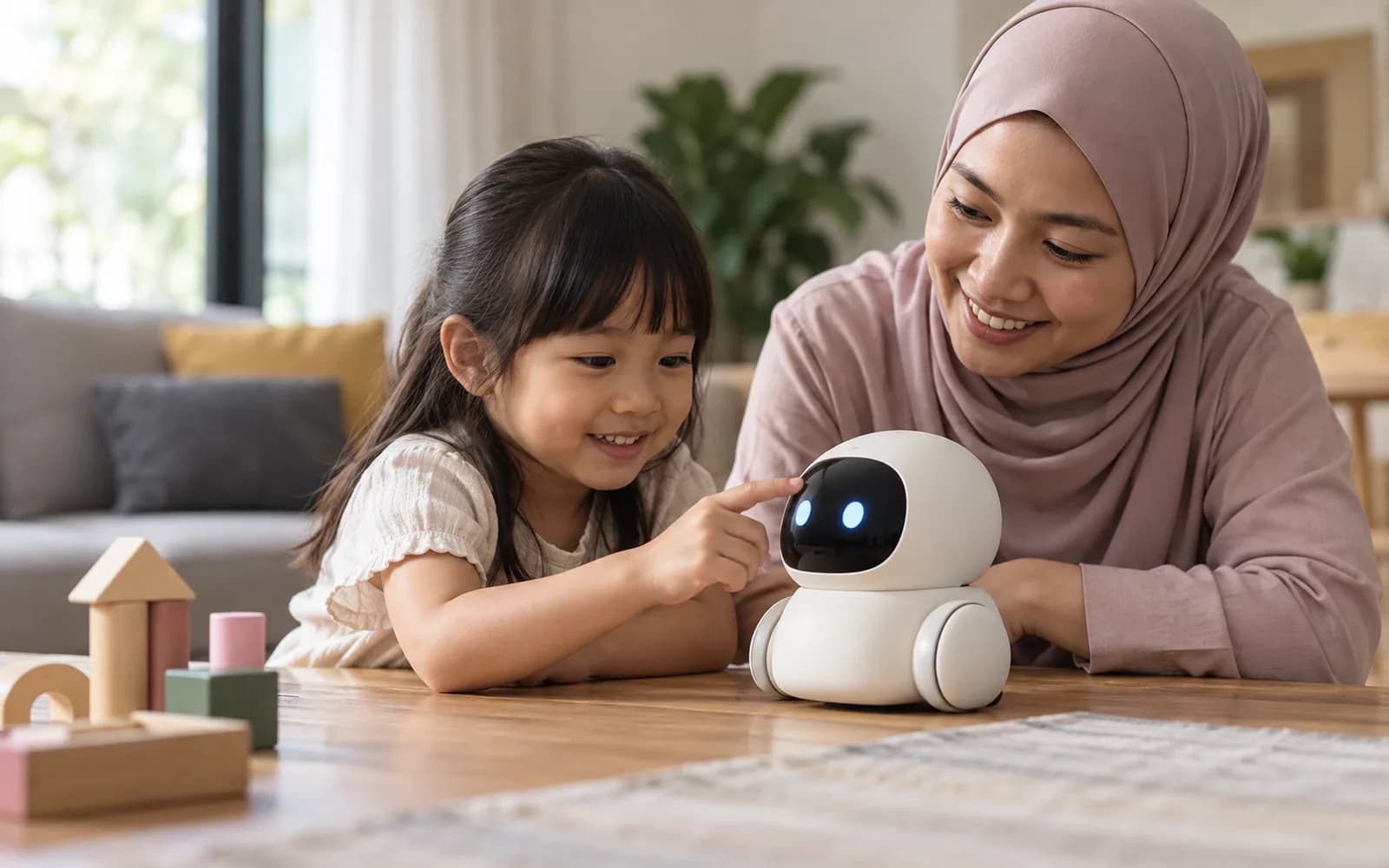 Illustration: Parent and child interacting with a companion robot toy at a play table.