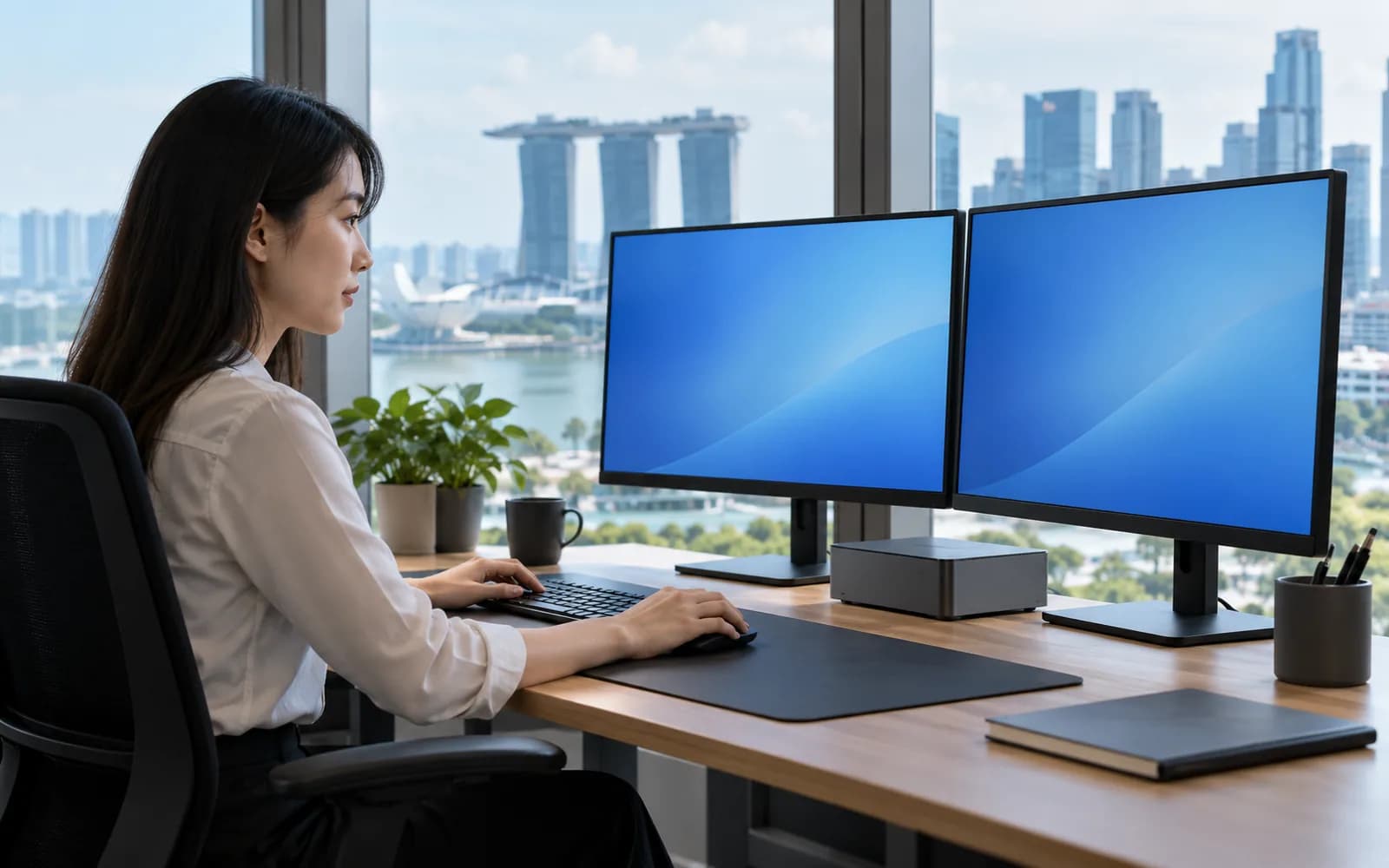 Illustration: Office worker using a compact mini PC connected to two monitors.