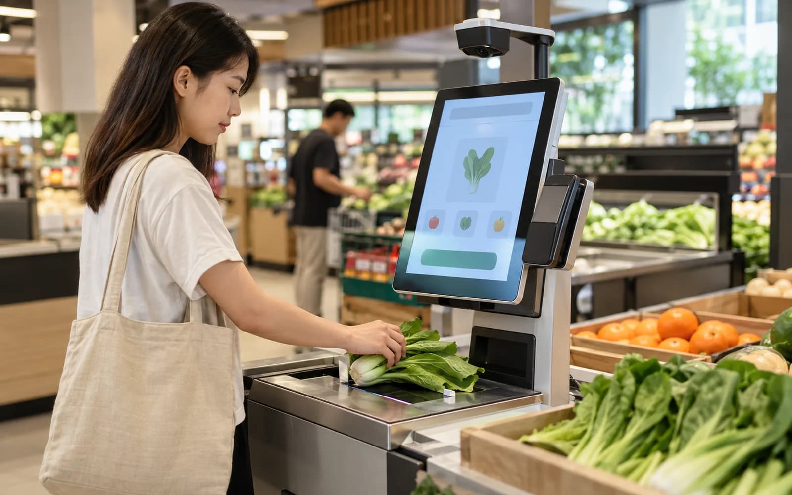 Illustration: Customer using a self-checkout kiosk with an overhead camera.