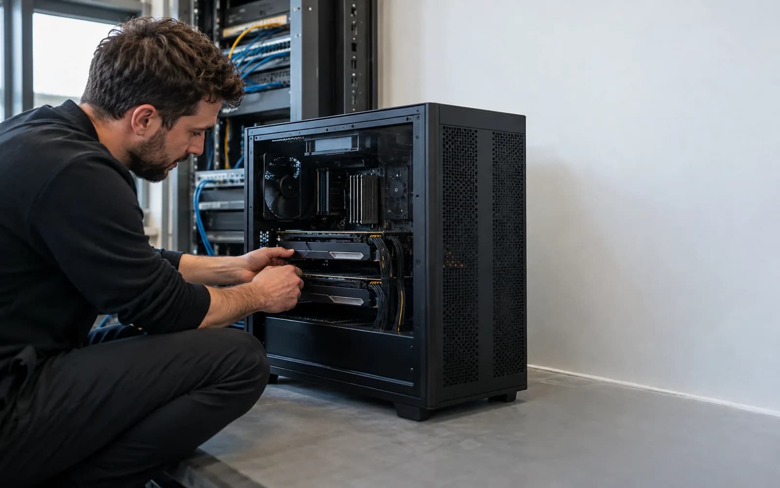 Illustration: Technician inspecting a GPU tower workstation in a small server corner.