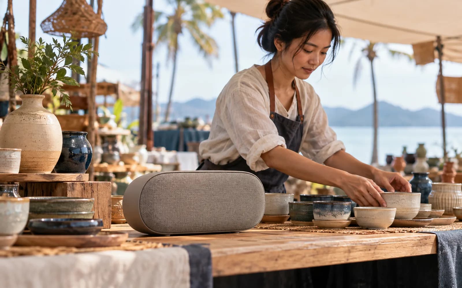 Illustration: Portable speaker on a craft market stall beside a vendor arranging ceramics.