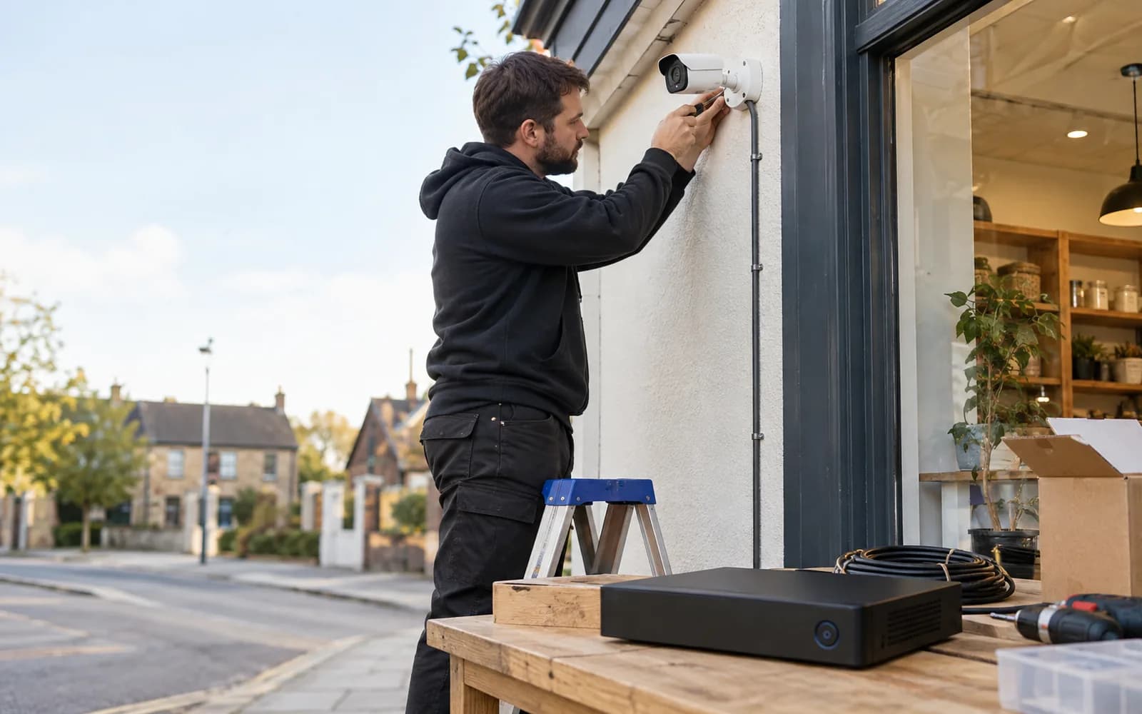 Illustration: Installer fitting a shopfront security camera with an NVR recorder nearby.