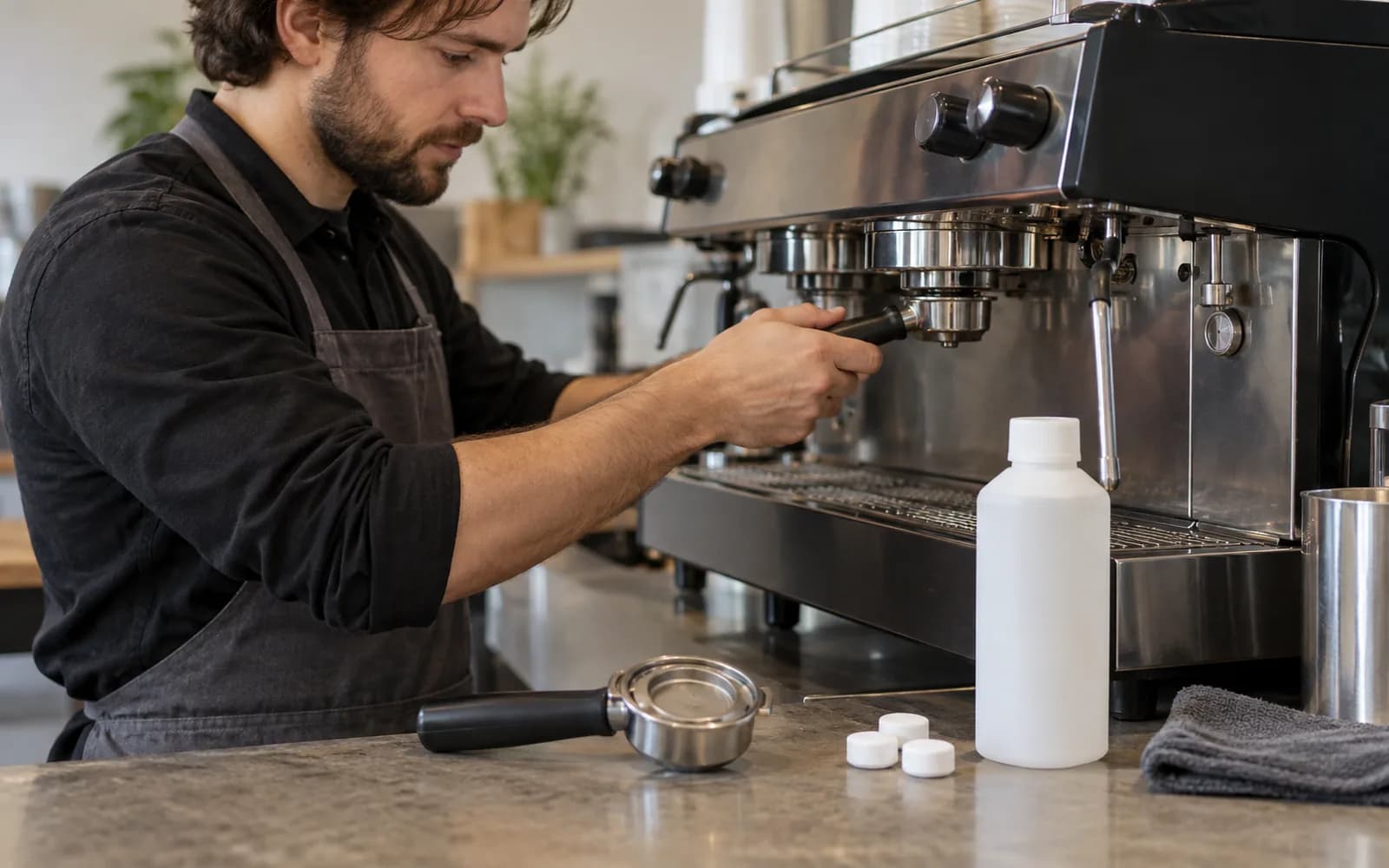 Illustration: Barista cleaning an espresso machine with cleaning tablets and descaler nearby.