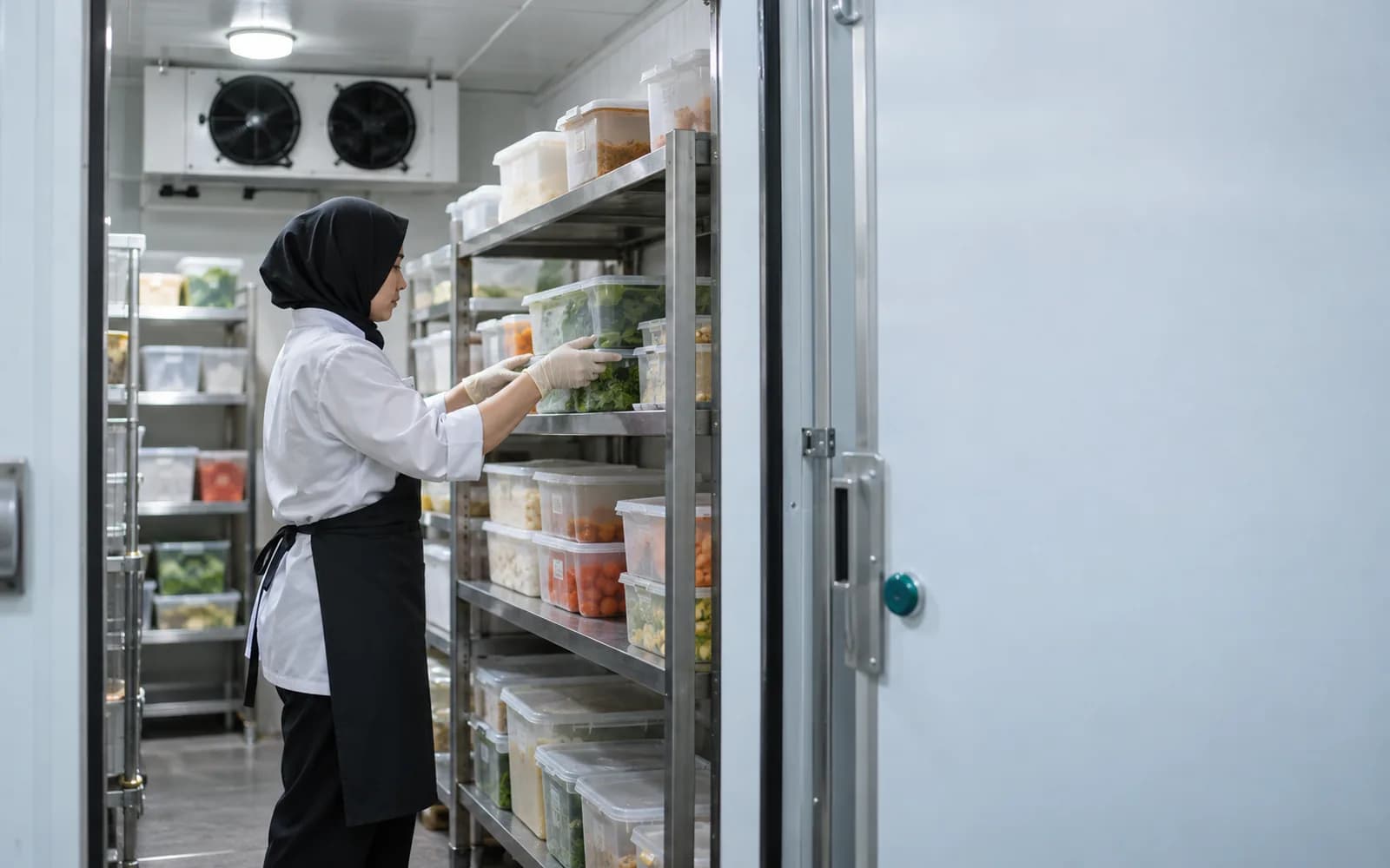 Illustration: Food business worker checking stocked shelves in a walk-in cold room.