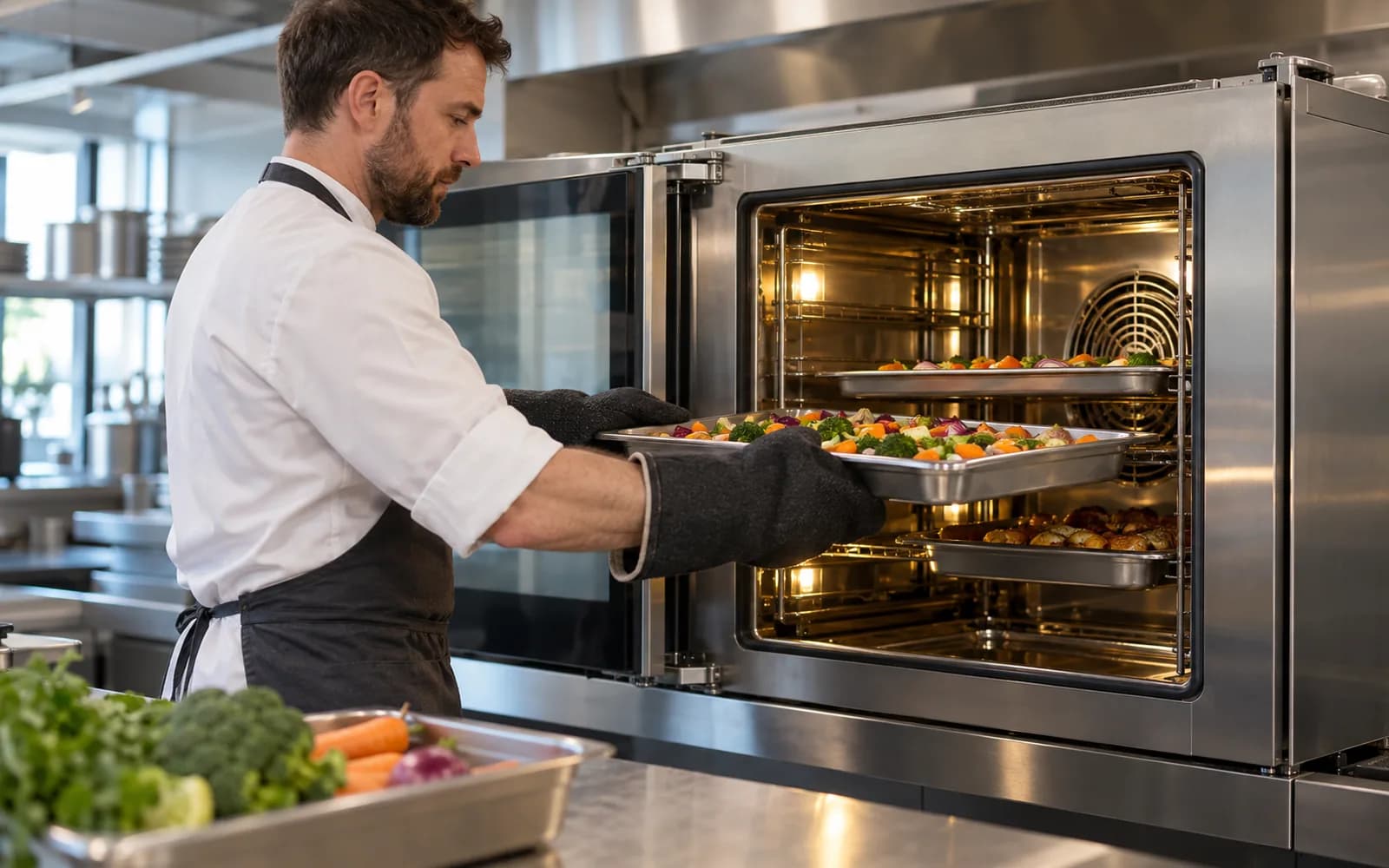 Illustration: Chef loading a tray of vegetables into a commercial combi oven.