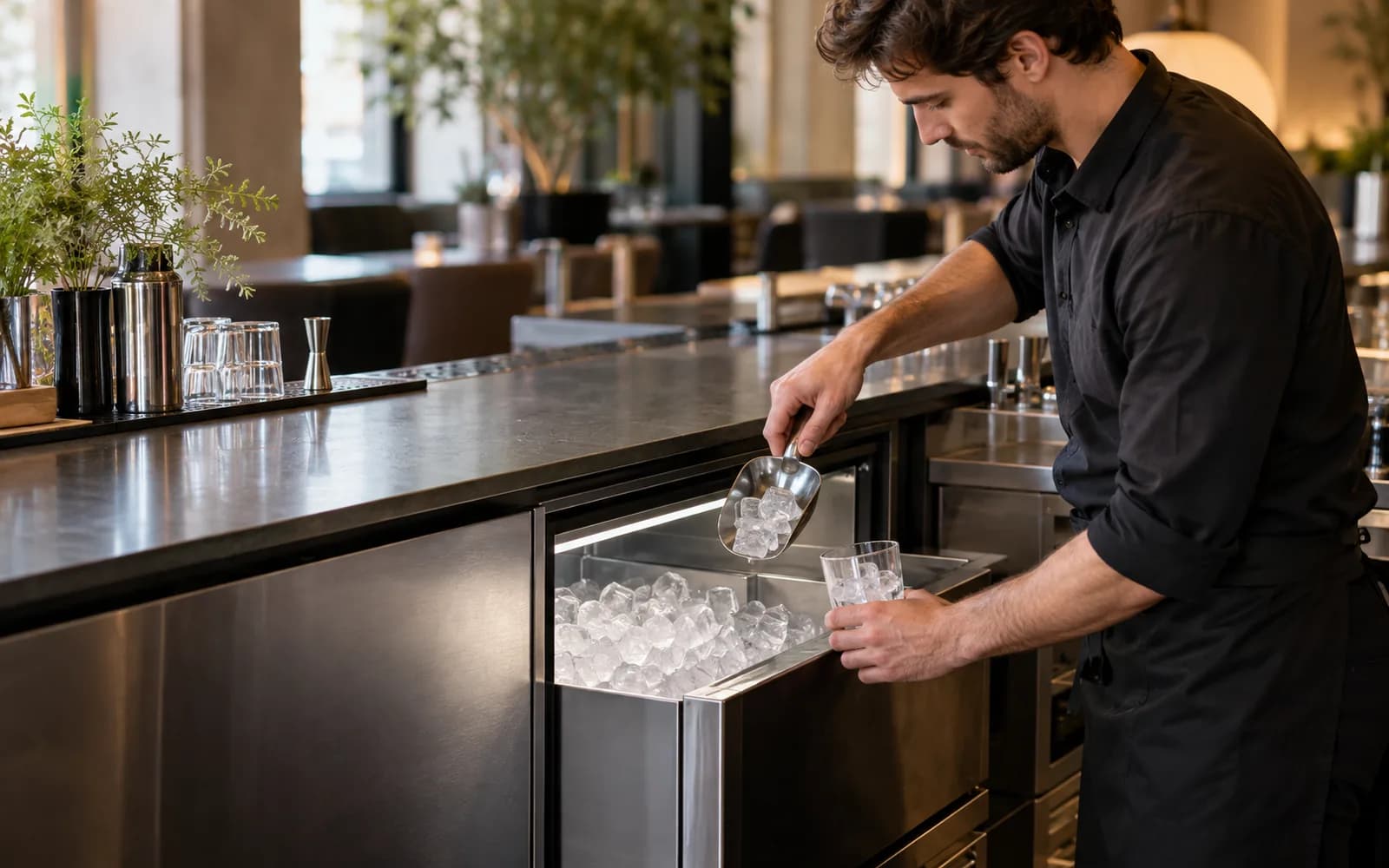 Illustration: Bartender scooping ice from an undercounter ice maker.