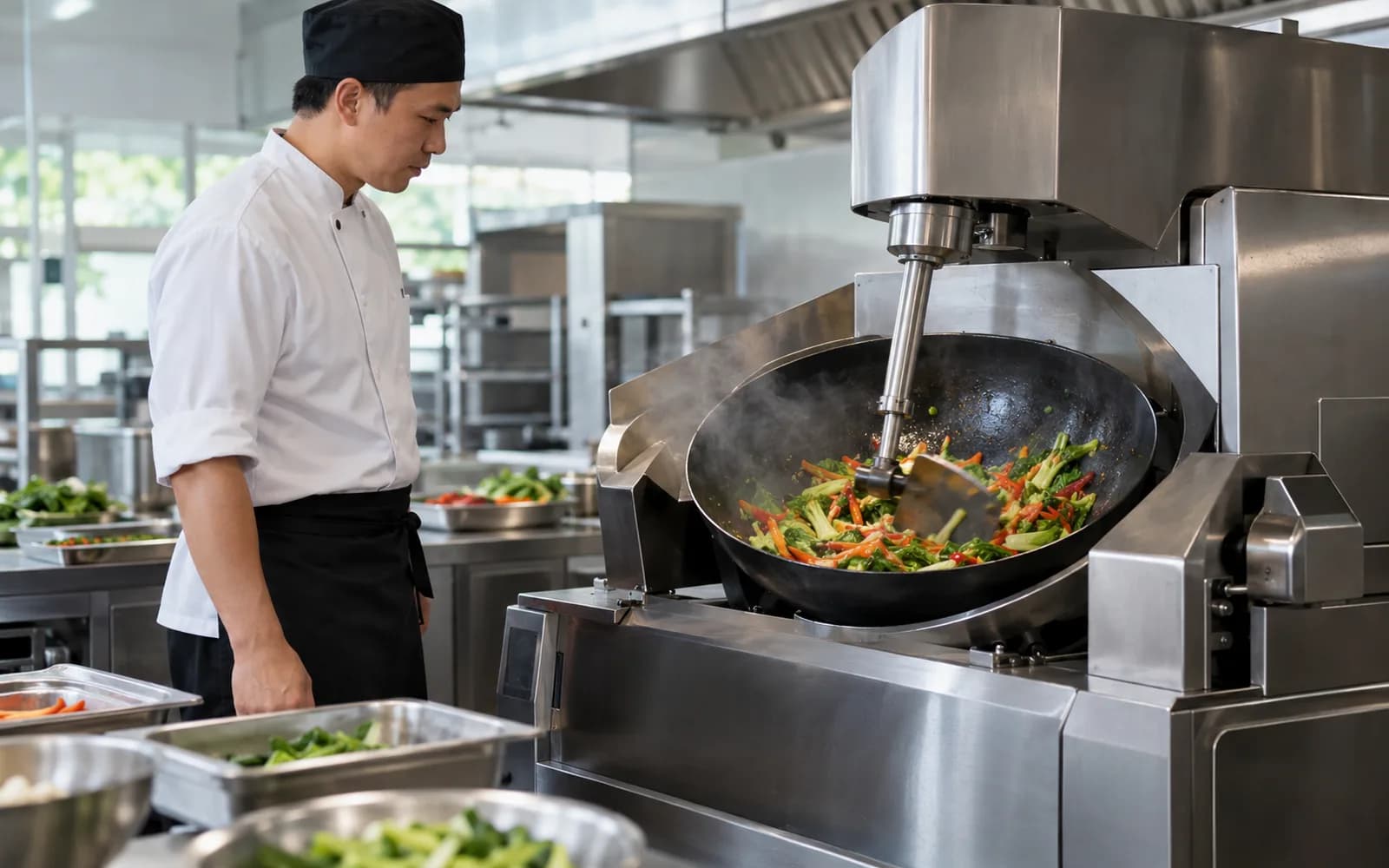 Illustration: Chef supervising an automatic wok cooking machine.