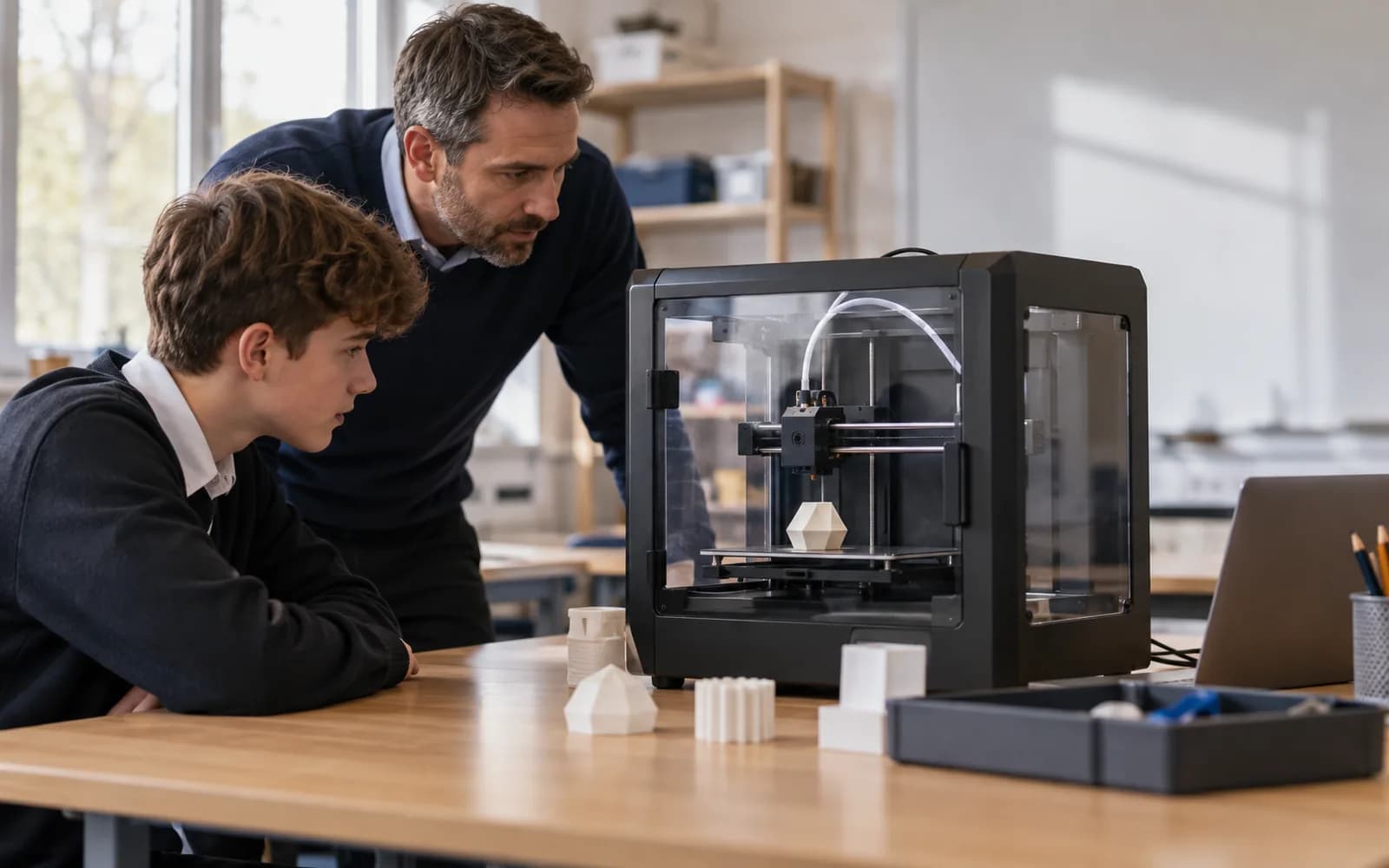 Illustration: Teacher and student observing a desktop 3D printer in a classroom.
