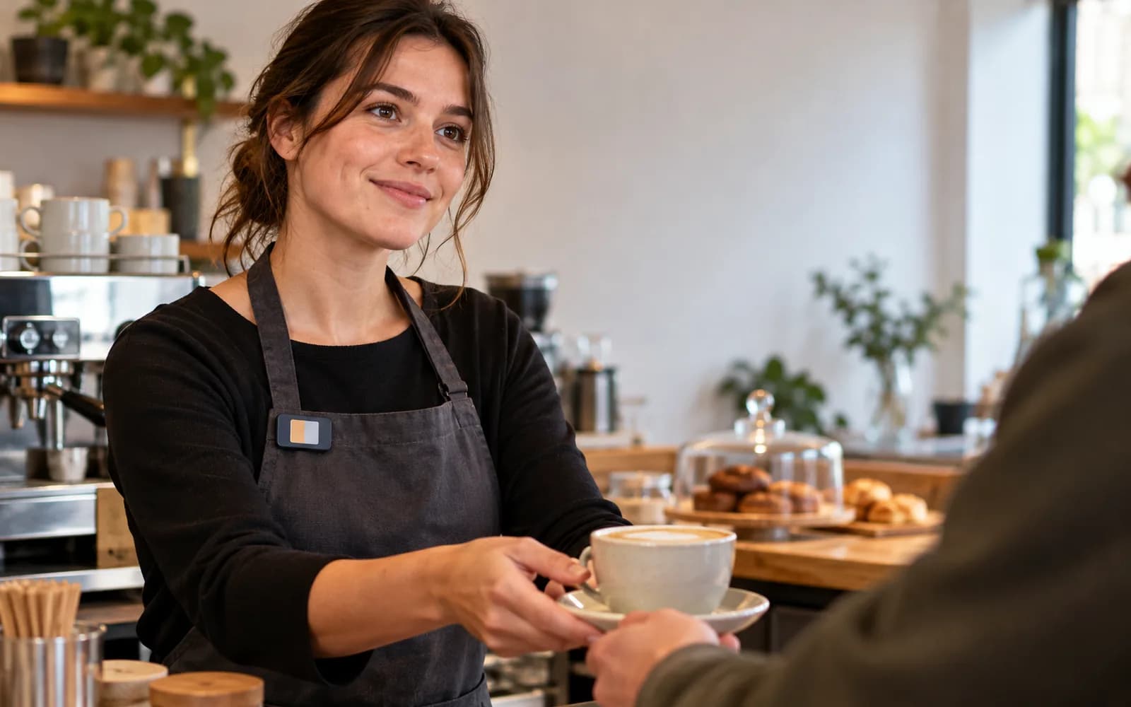 Illustration: Café staff member wearing a digital badge while serving coffee.