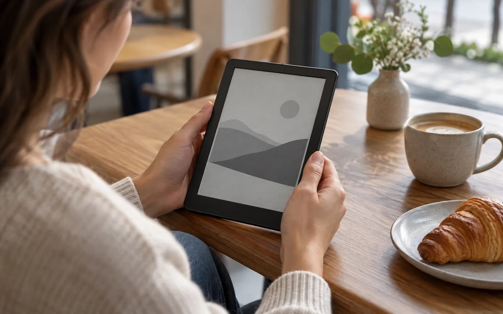 Illustration: Person holding an e-ink reader at a café table.