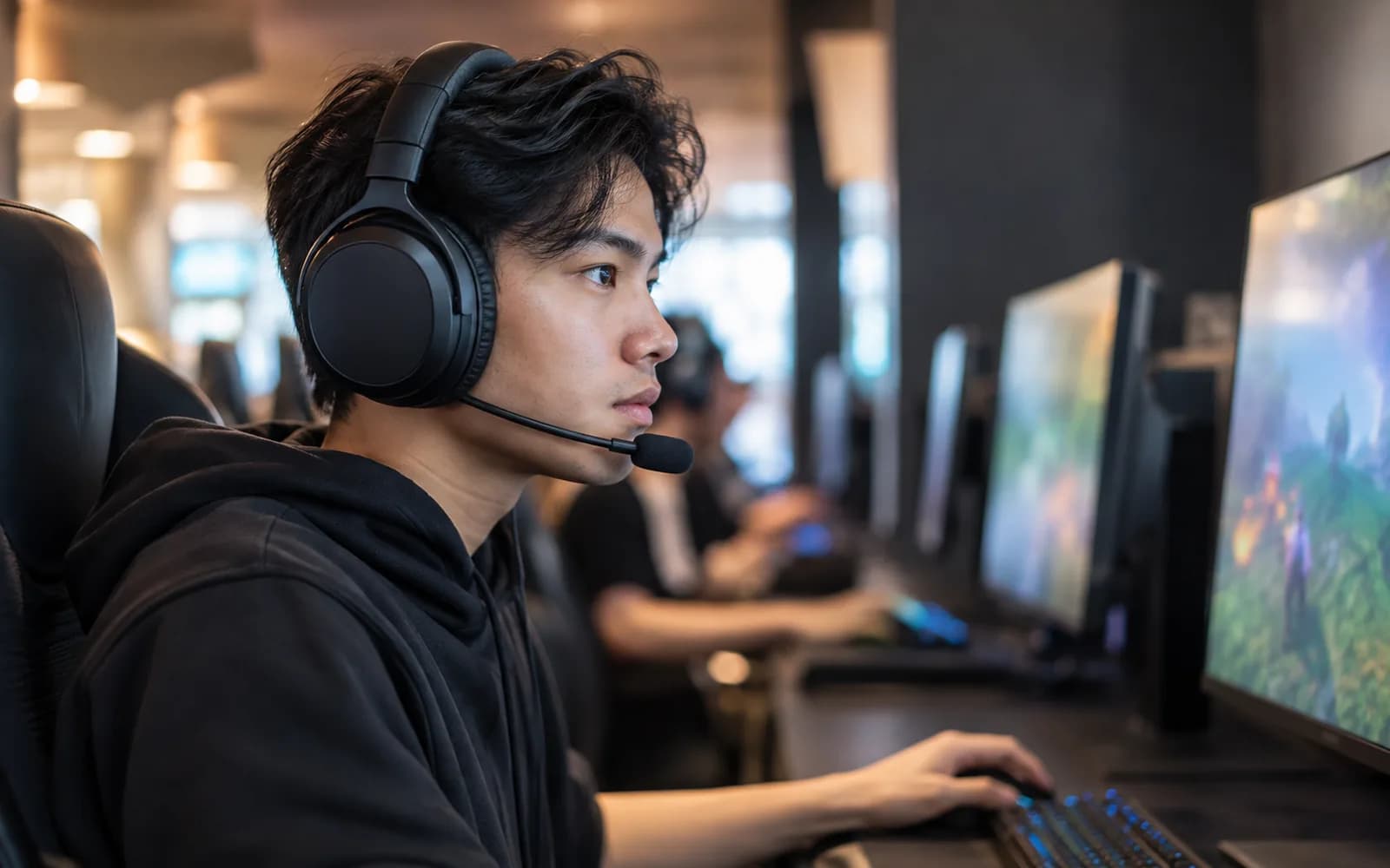 Illustration: Gamer wearing a headset with a boom microphone at a gaming café.