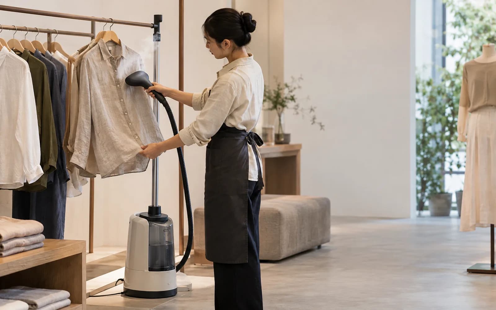 Illustration: Boutique worker using an upright garment steamer on a linen shirt.
