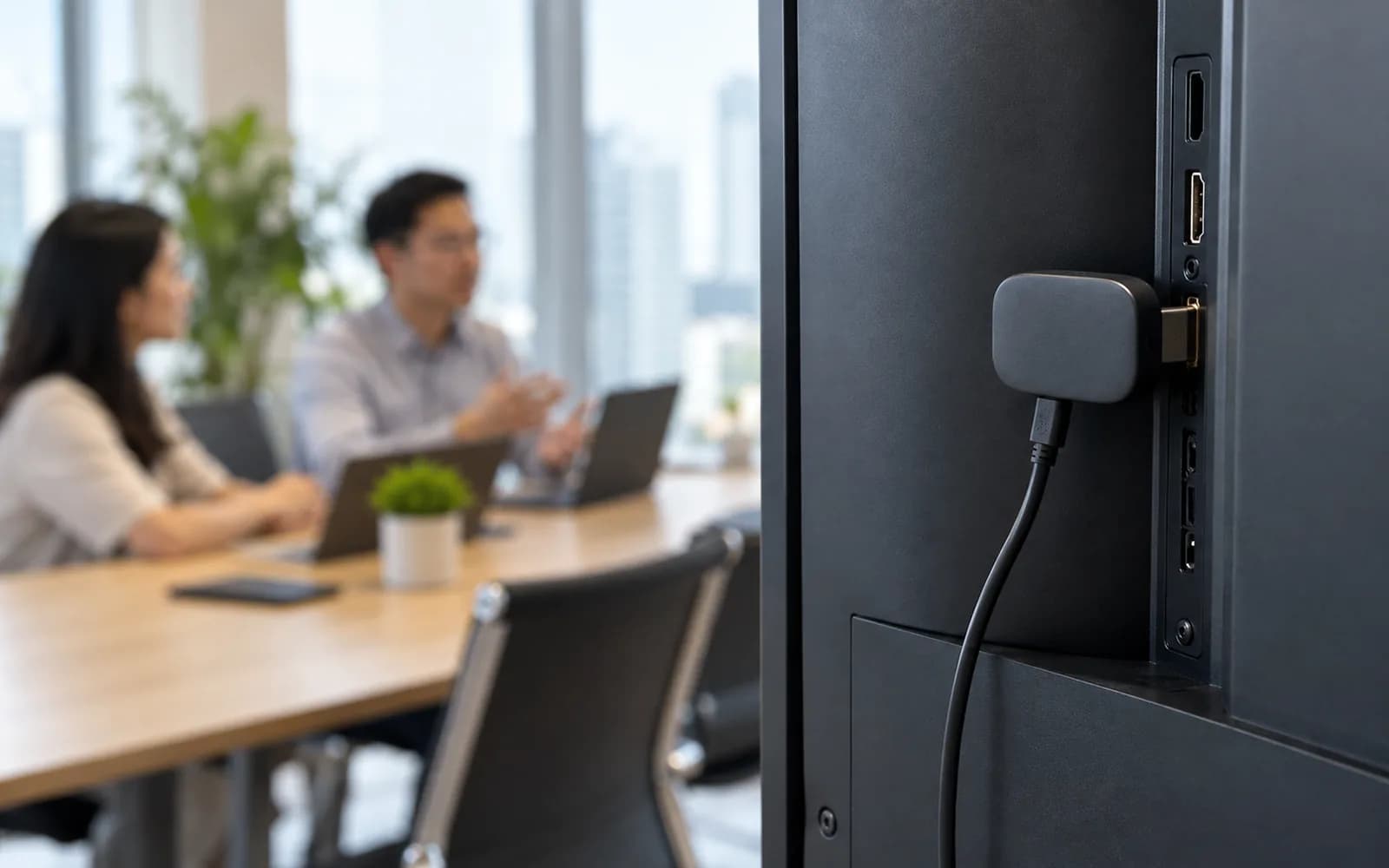 Illustration: Wireless display dongle connected to the rear of a meeting-room screen.