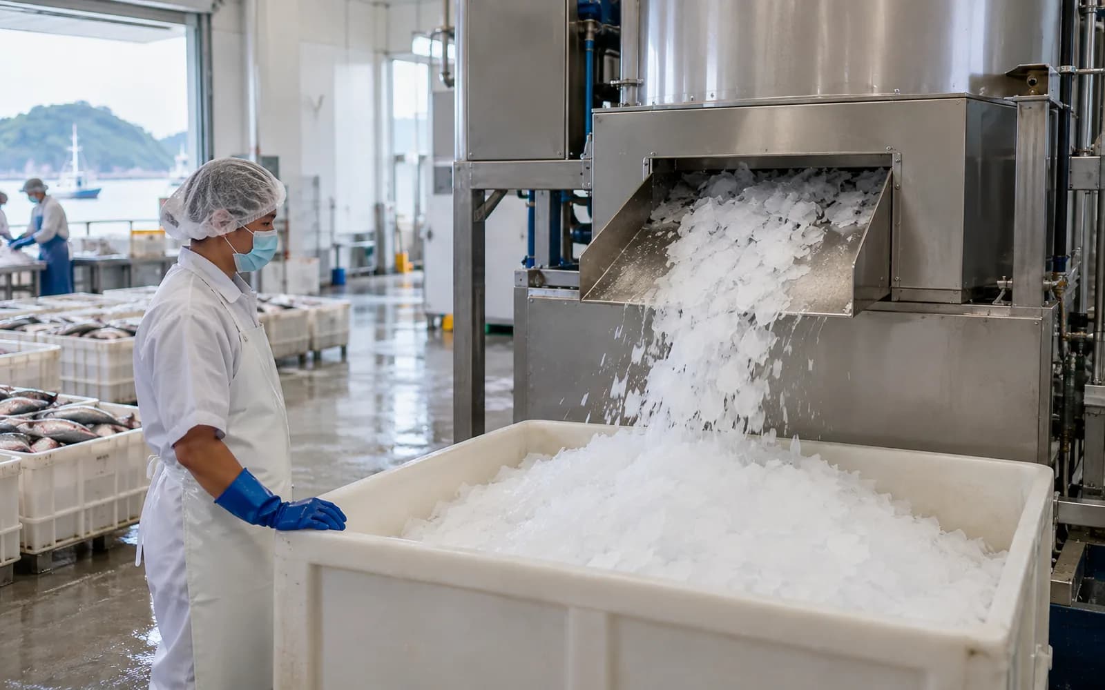Illustration: Worker beside an industrial flake ice machine at a fish processing facility.