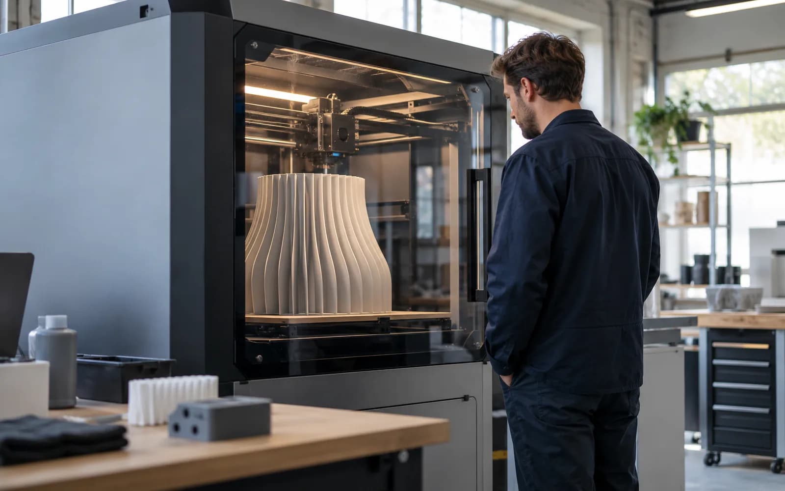 Illustration: Technician inspecting a large-format 3D printer and ribbed prototype in a workshop.