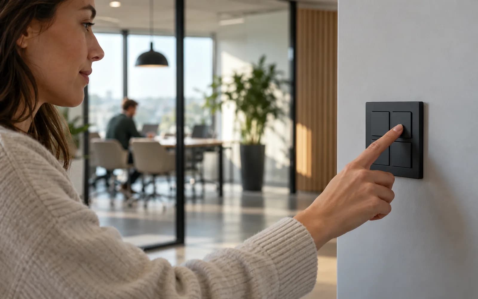 Illustration: Employee pressing a smart-building wall switch panel.