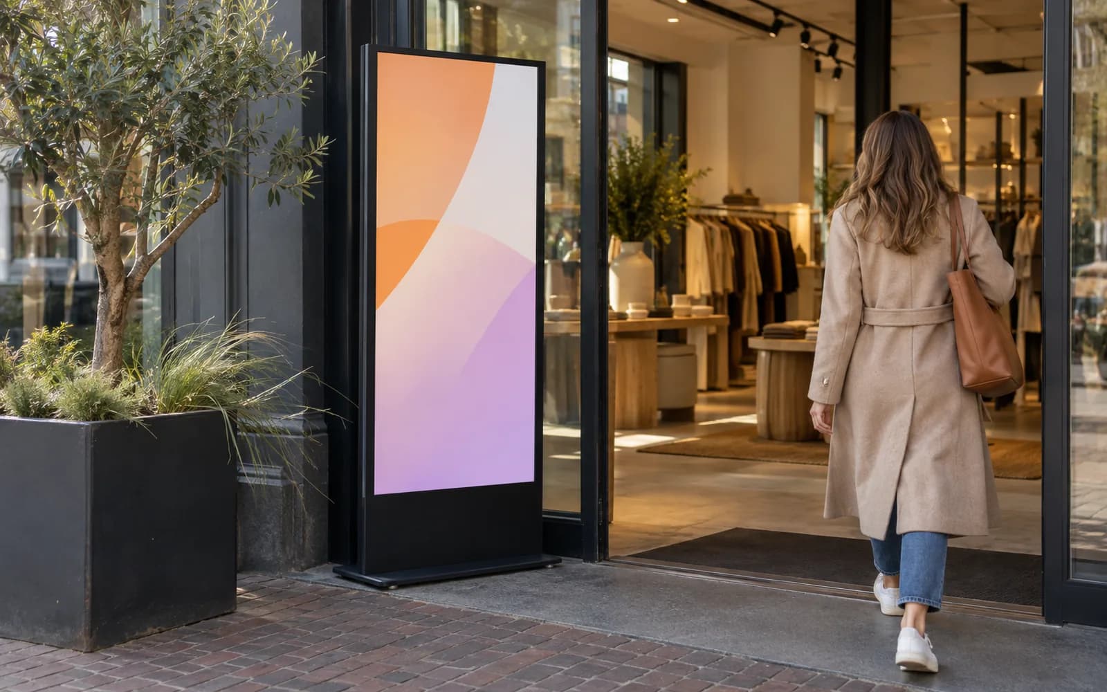 Illustration: Vertical LCD signage stand beside a shop entrance.