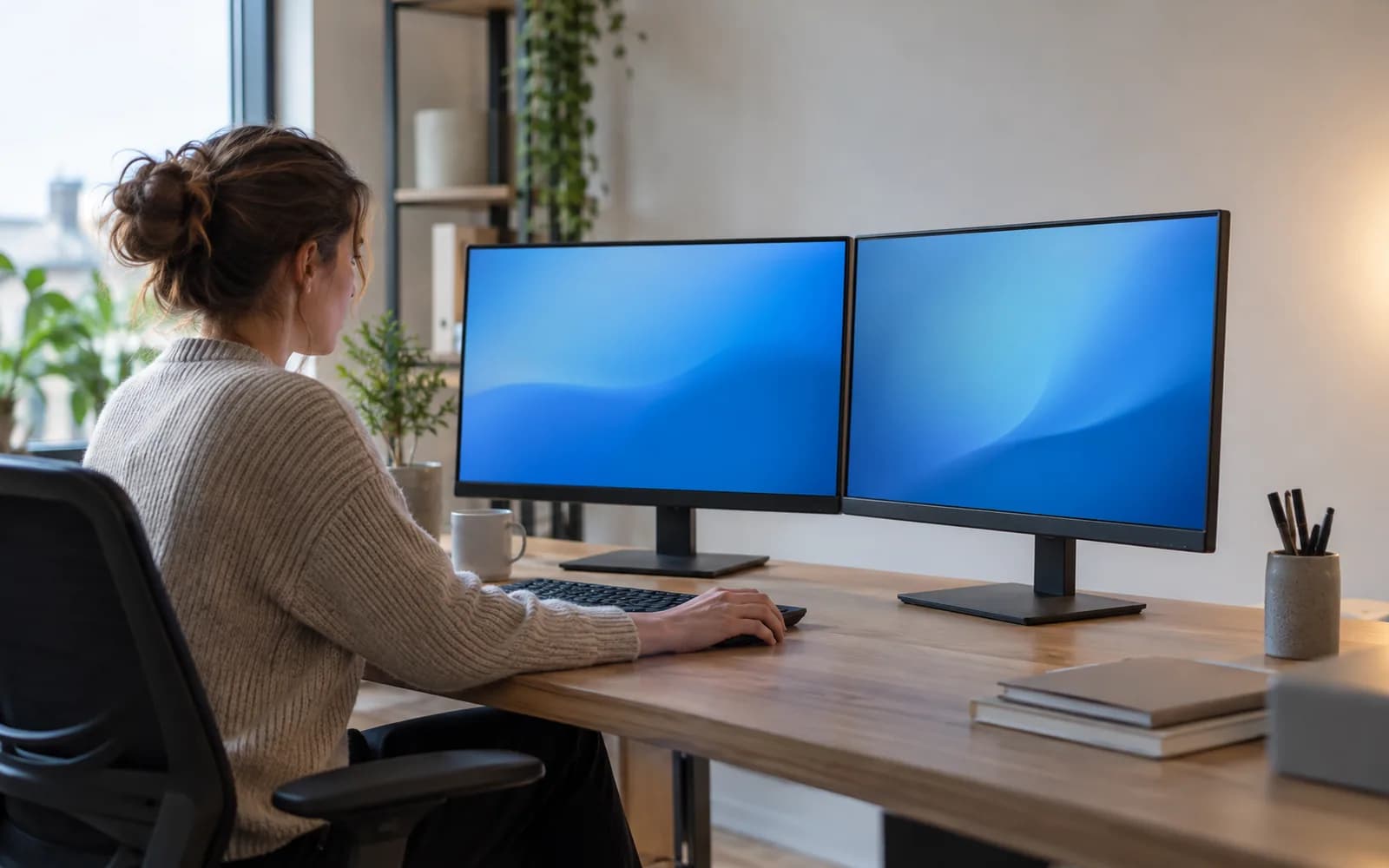 Illustration: Office worker using two monitors at a desk.