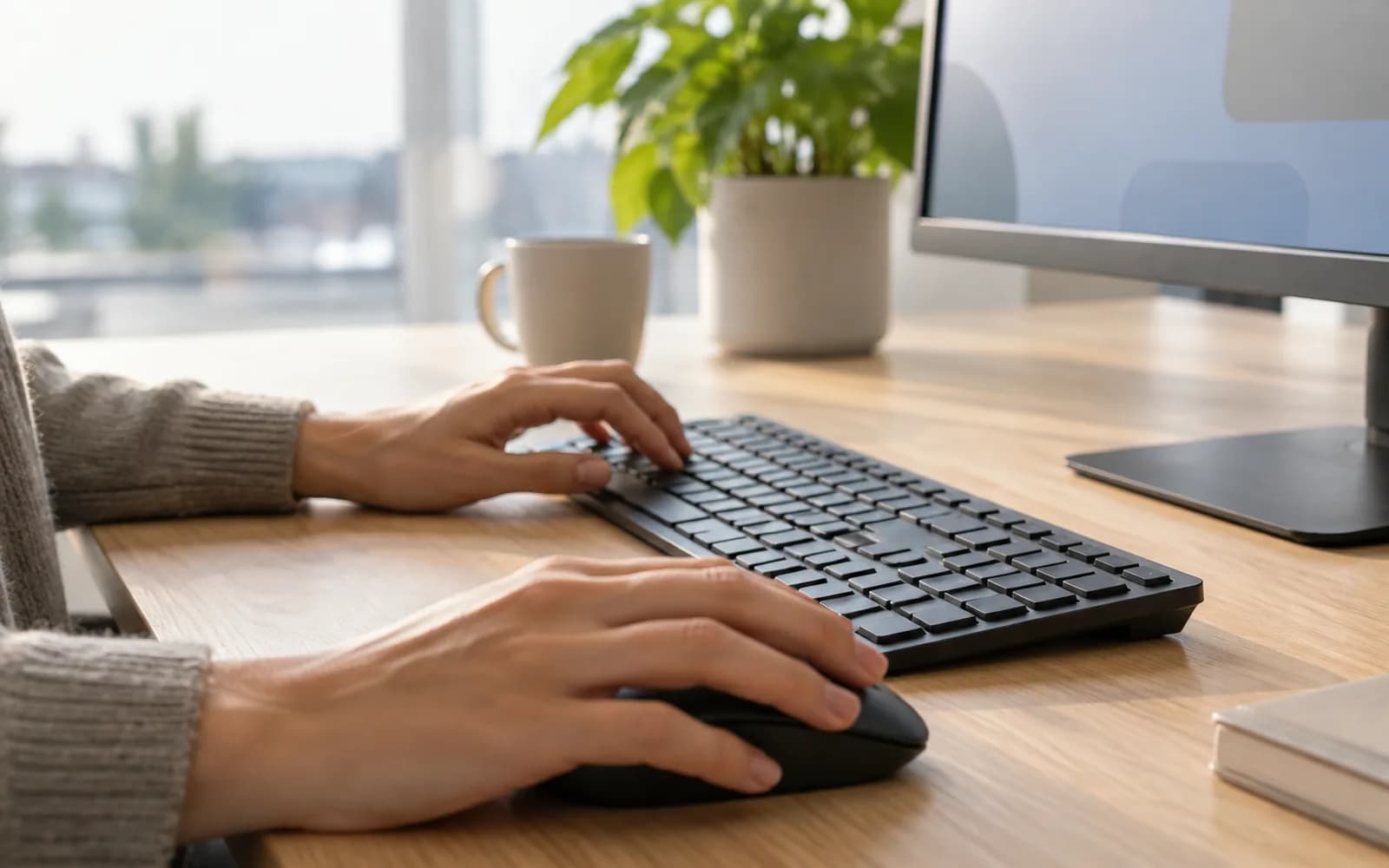 Illustration: Hands using a keyboard and mouse at an office desk.