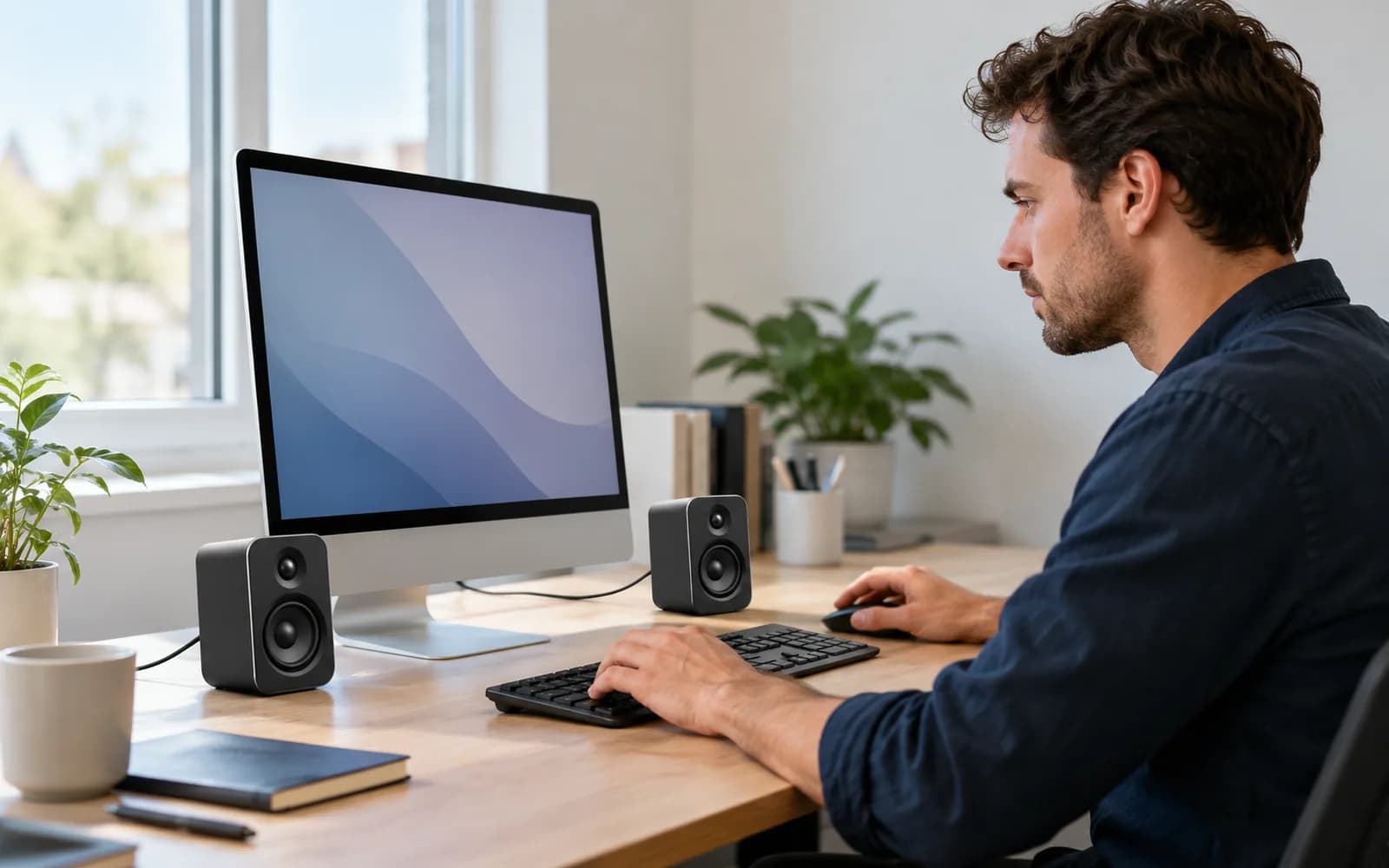 Illustration: Office worker at a desktop computer with two small speakers.
