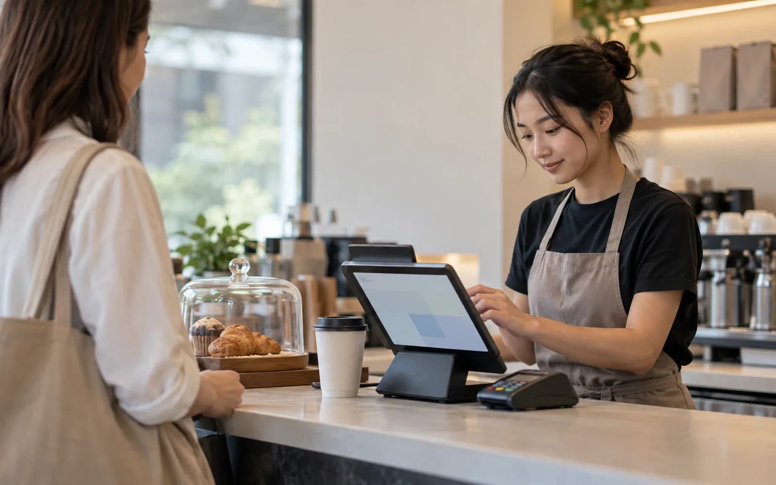 Illustration: Cashier using a touchscreen POS terminal at a café counter.