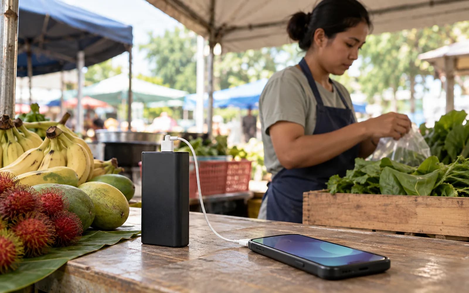 Illustration: Power bank charging a phone at a Malaysian market stall.