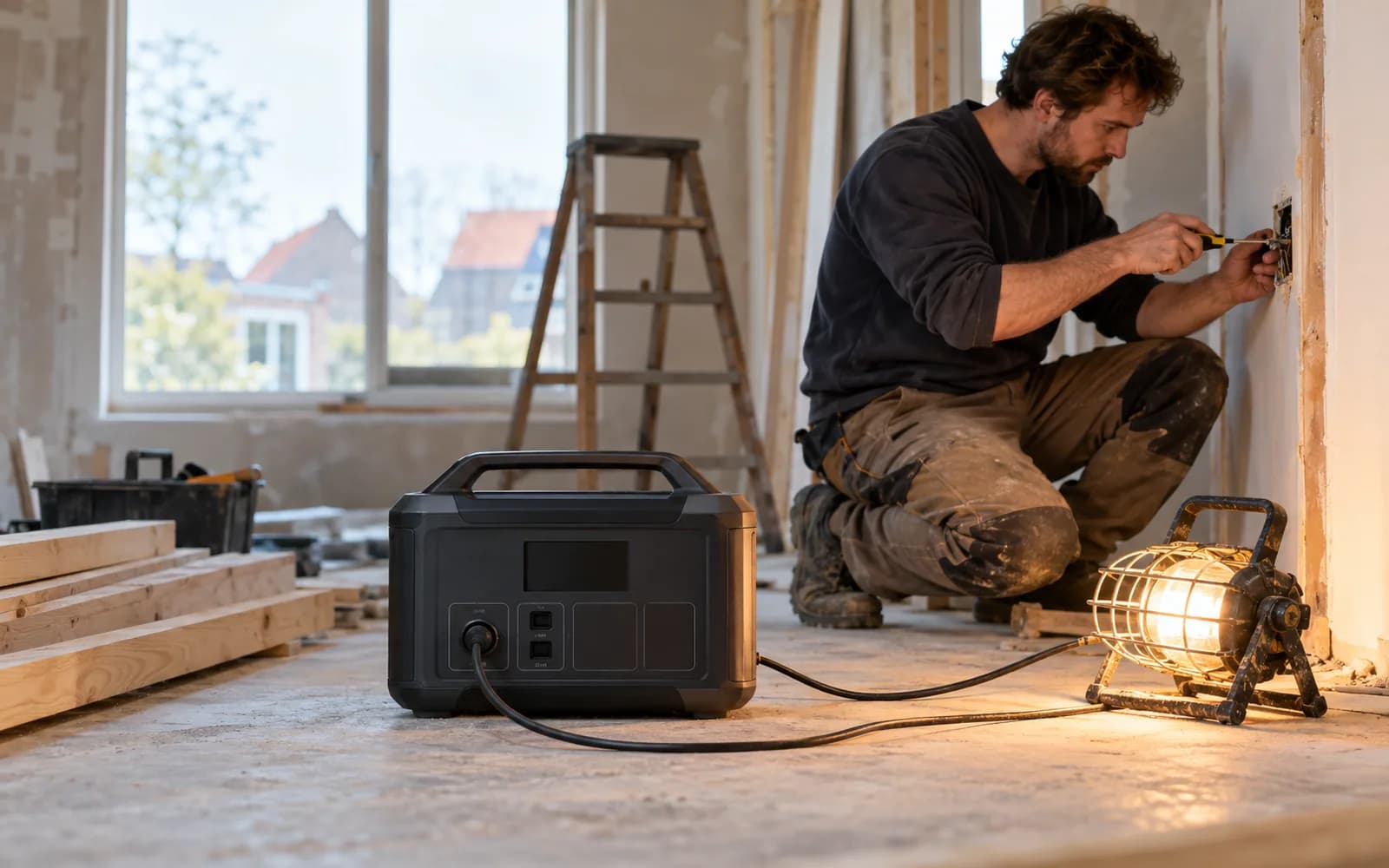 Illustration: Portable power station powering a work lamp at a renovation site.