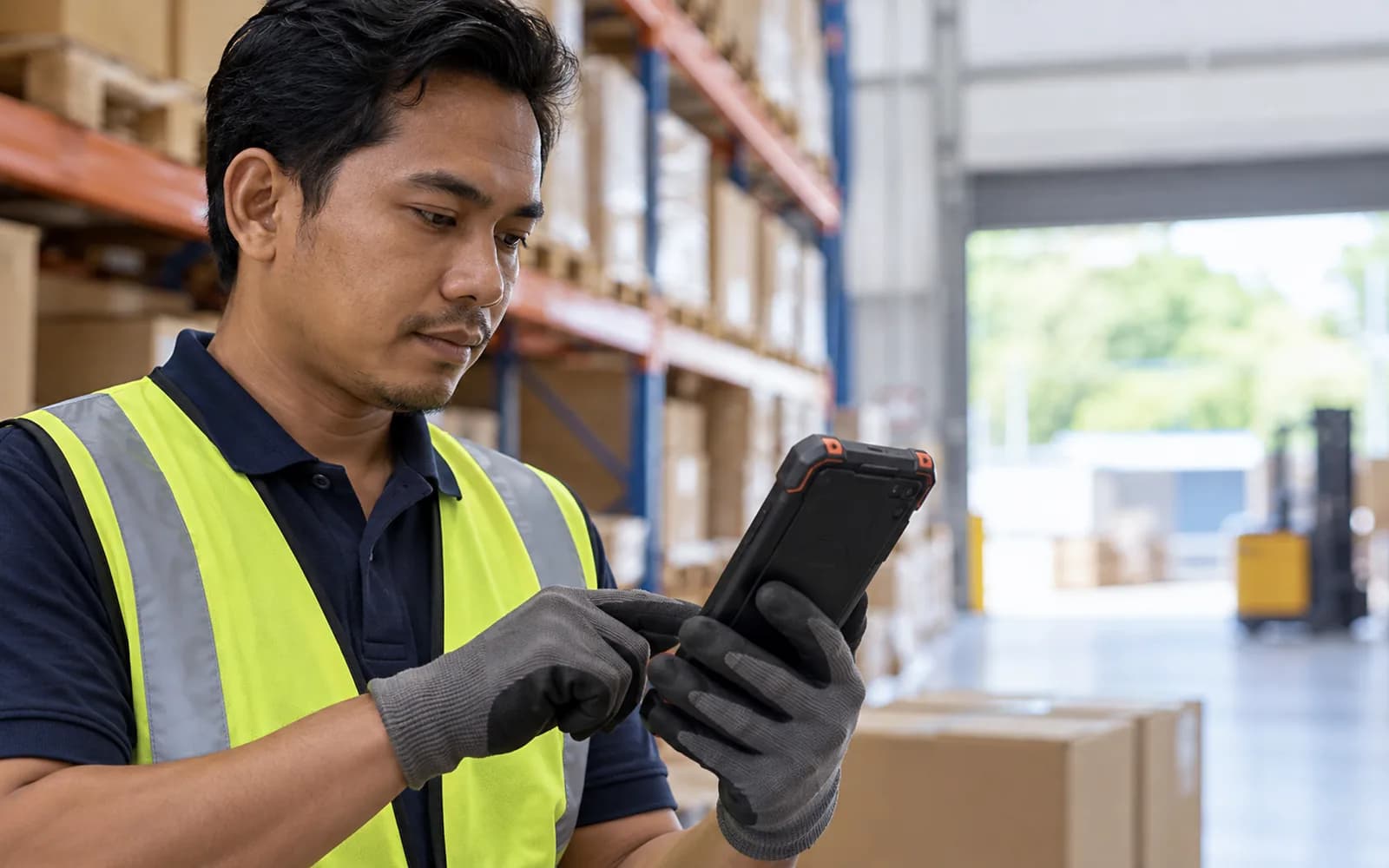 Illustration: Warehouse worker using a rugged phone with reinforced corners.