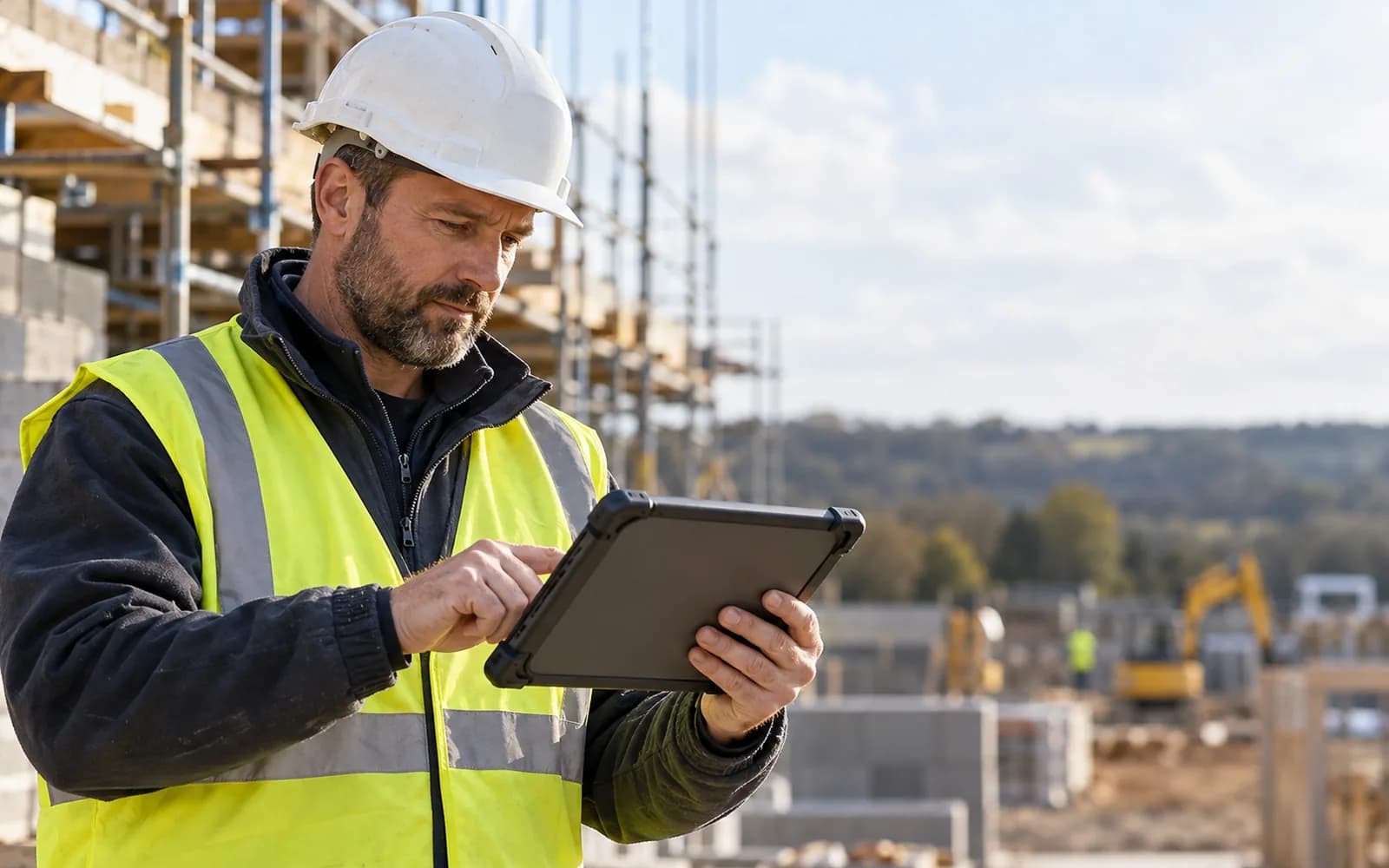Illustration: Construction worker using a rugged tablet on a building site.