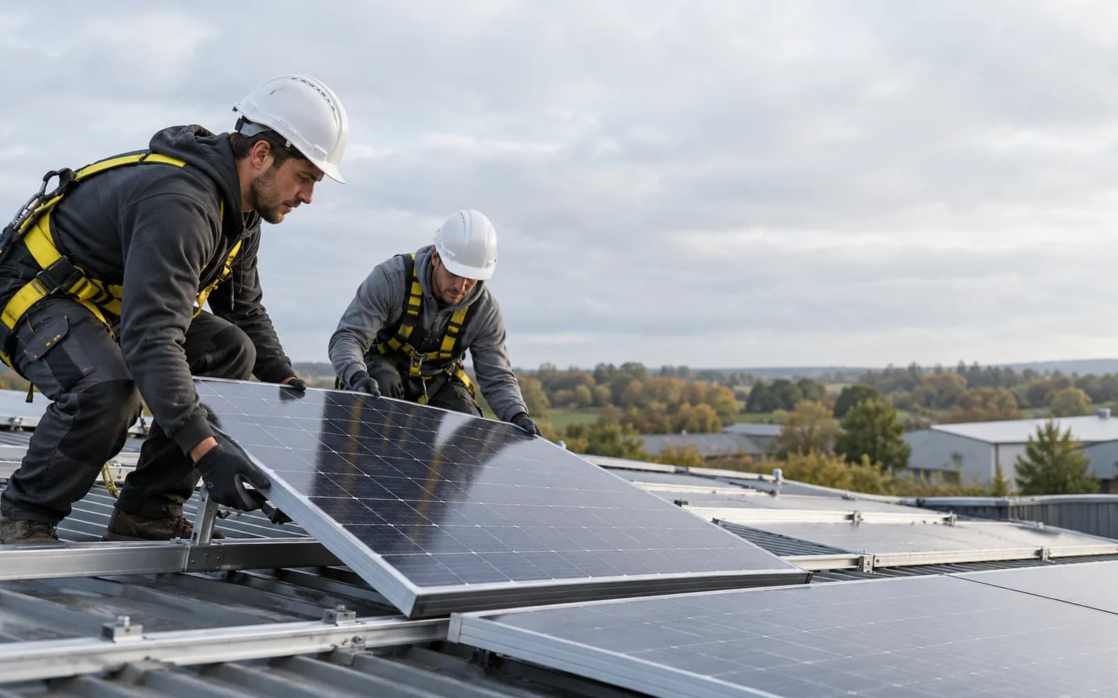 Illustration: Two installers fitting solar panels to rooftop mounting rails.
