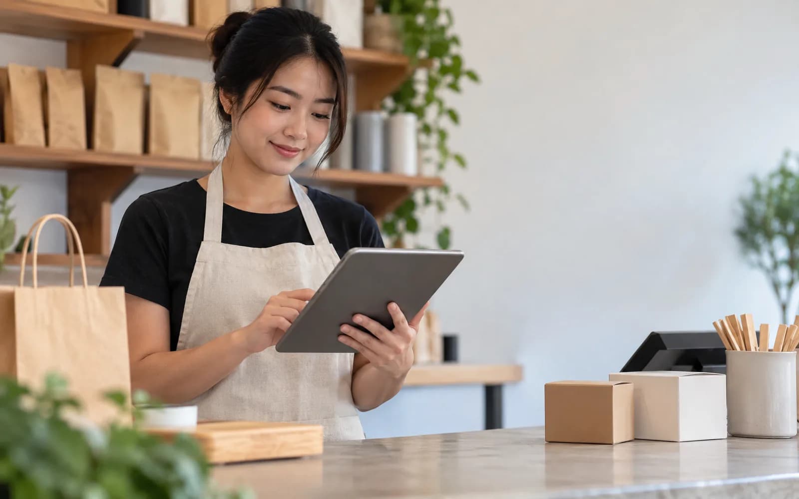 Illustration: Shop owner using a tablet at a counter.
