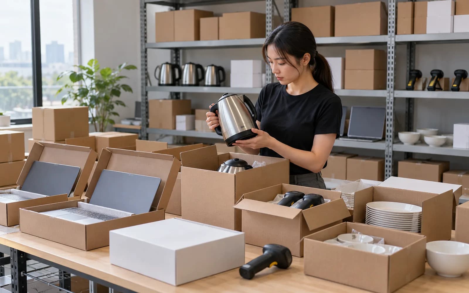 Illustration: Warehouse worker checking mixed electronics, scanners, kettles and tableware in open cartons.