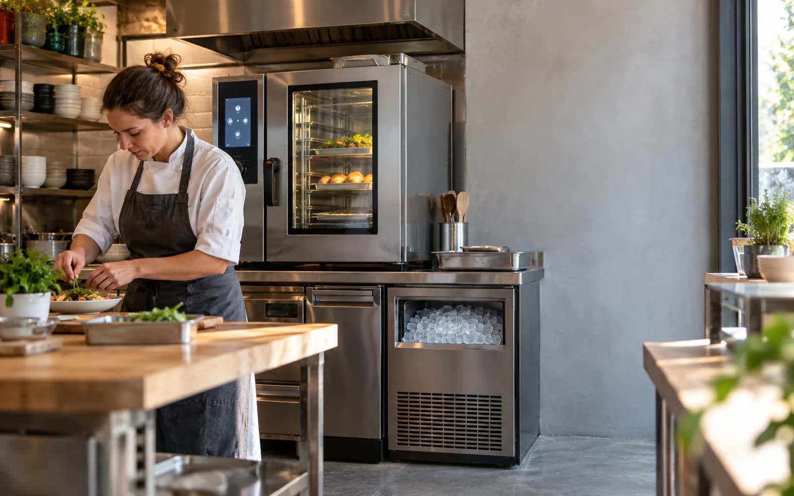 Illustration: Café chef preparing food beside a combi oven and undercounter ice maker.