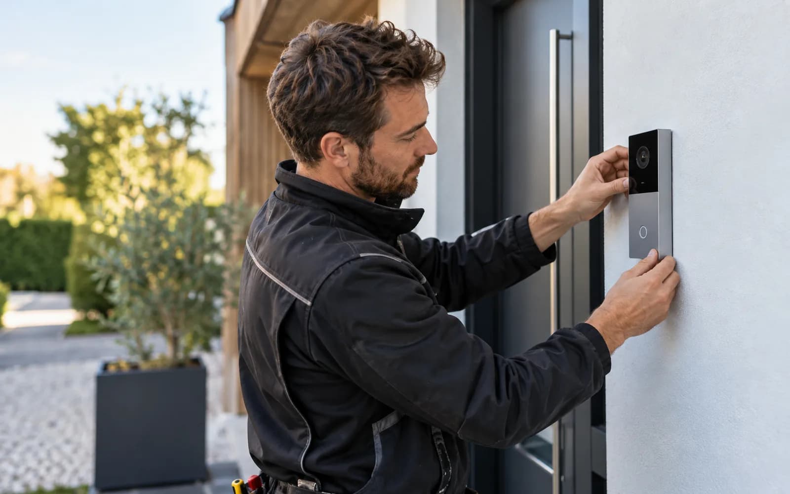 Illustration: Installer fitting a video intercom panel at a modern home entrance.