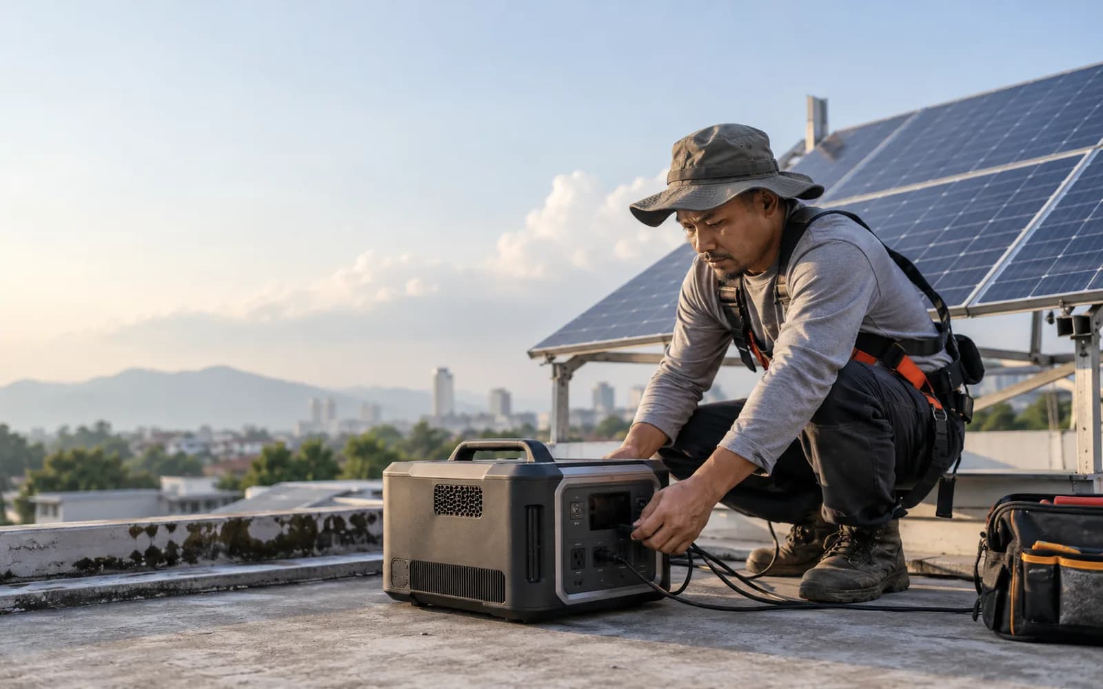 Illustration: Worker connecting a portable power station beside rooftop solar panels.