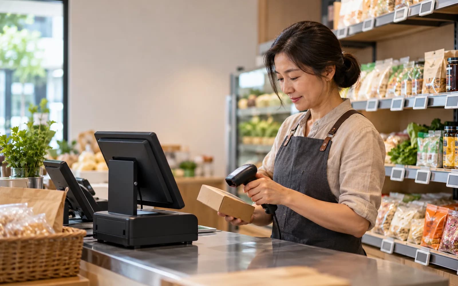 Illustration: Shopkeeper using a scanner beside a POS terminal and electronic shelf labels.