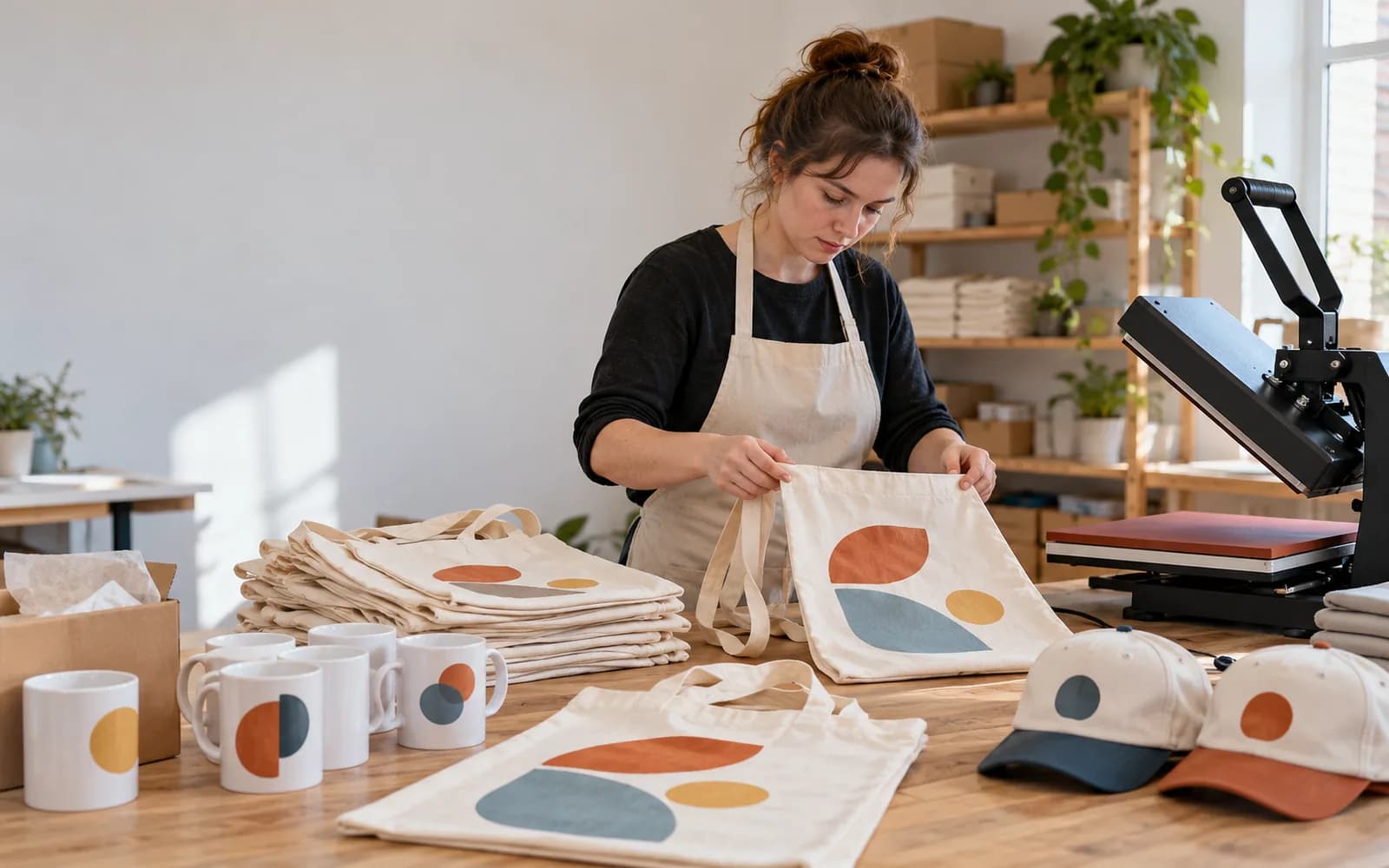 Illustration: Print shop worker preparing tote bags, caps and mugs with abstract designs.