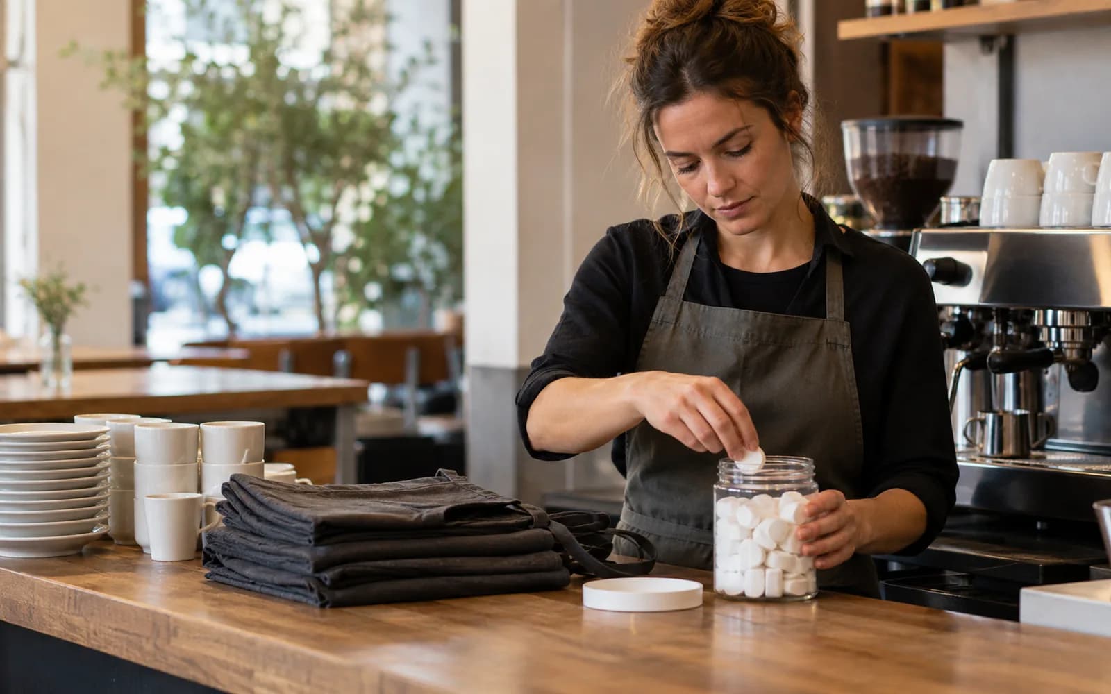 Illustration: Café owner restocking cleaning tablets, folded aprons and tableware.