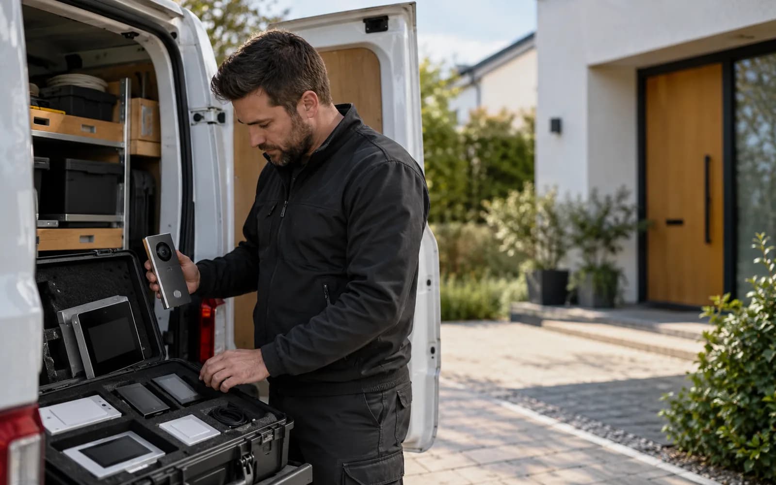 Illustration: Technician checking intercom and smart-home kits beside an installer van.