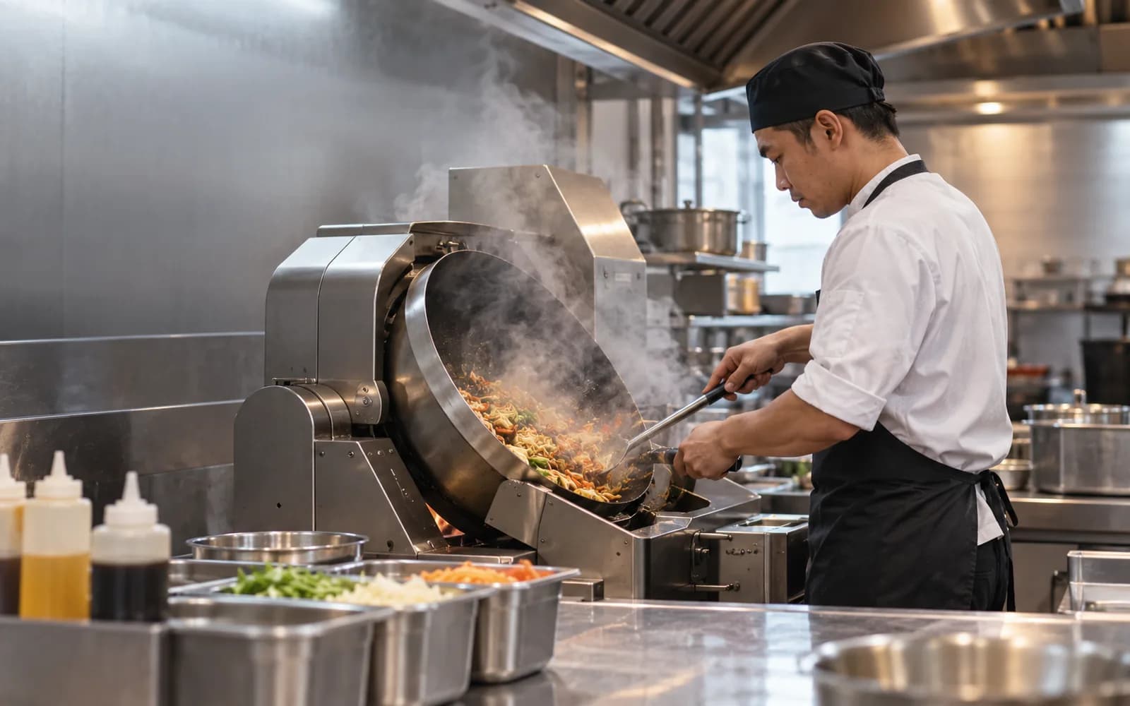 Illustration: Chef cooking with an automatic tilting wok machine in a commercial kitchen.