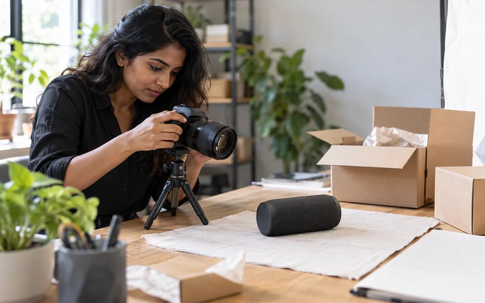Illustration: Founder photographing a newly unpacked portable speaker for an online shop.