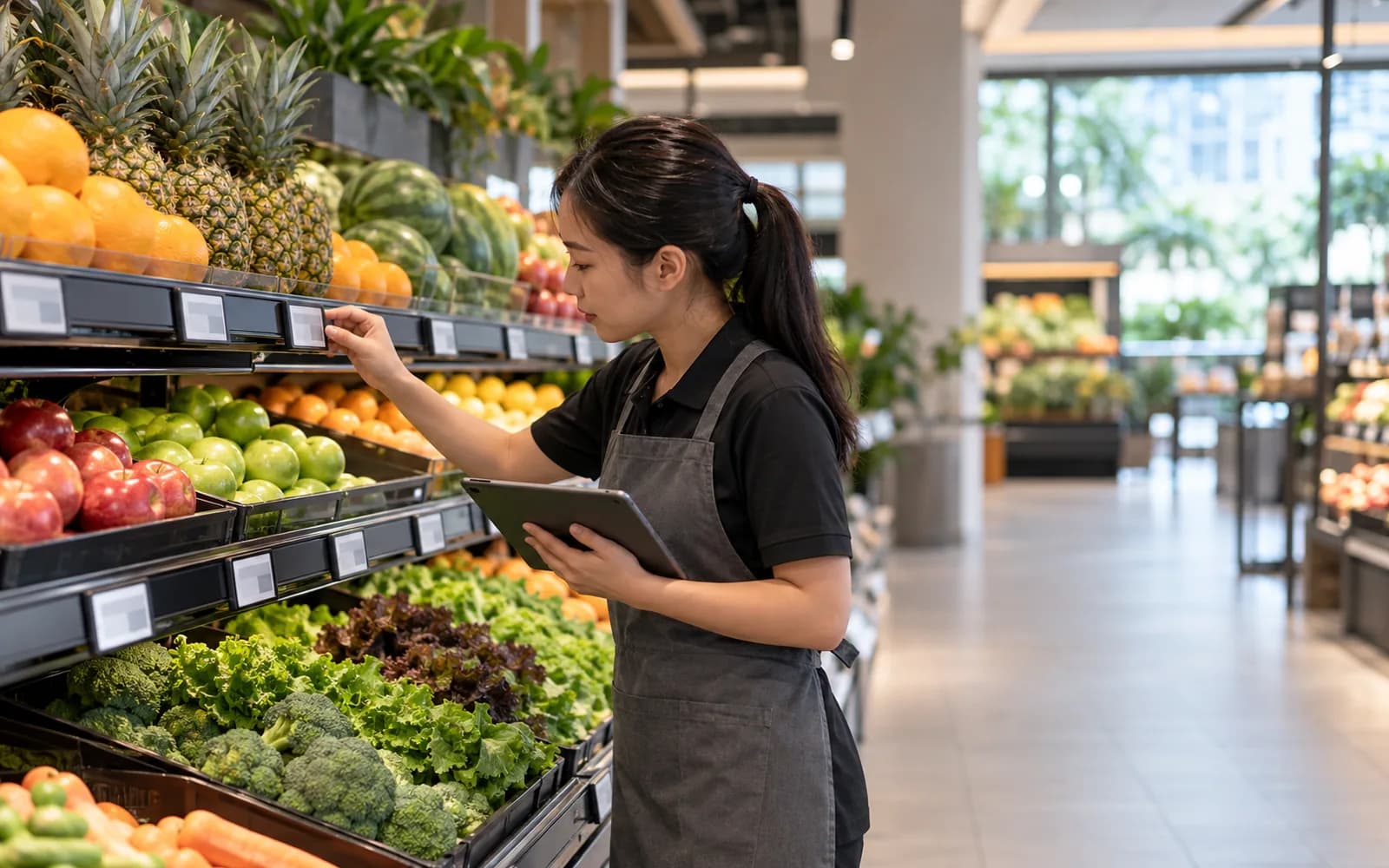 Illustration: Worker checking electronic shelf labels along supermarket produce shelves.
