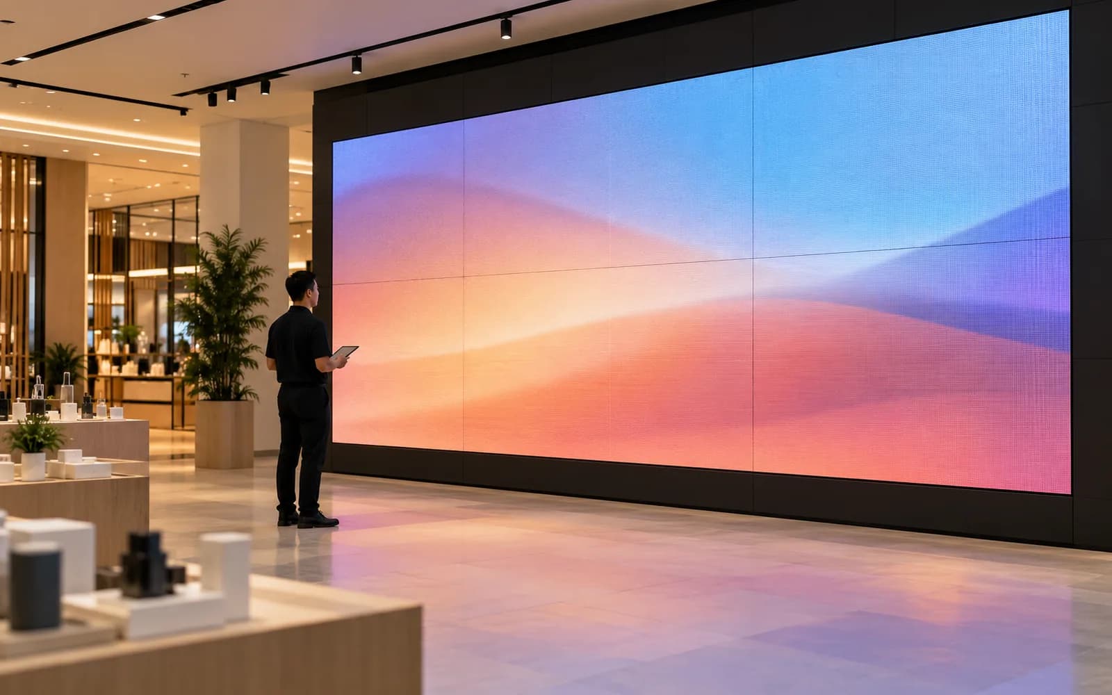 Illustration: Staff member beside a large LED video wall in a retail space.