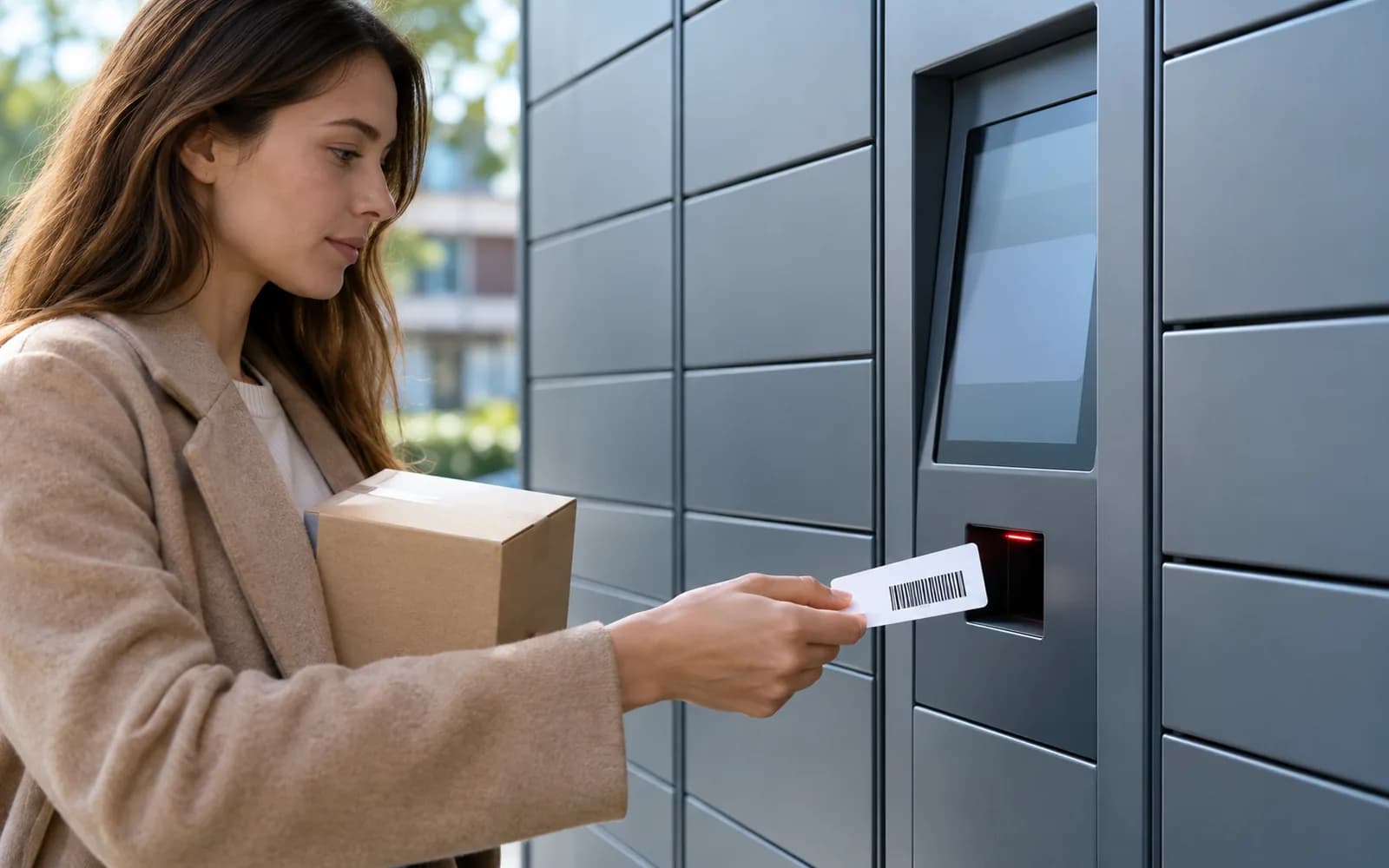 Illustration: Customer presenting a barcode card to a scanner built into a parcel locker.