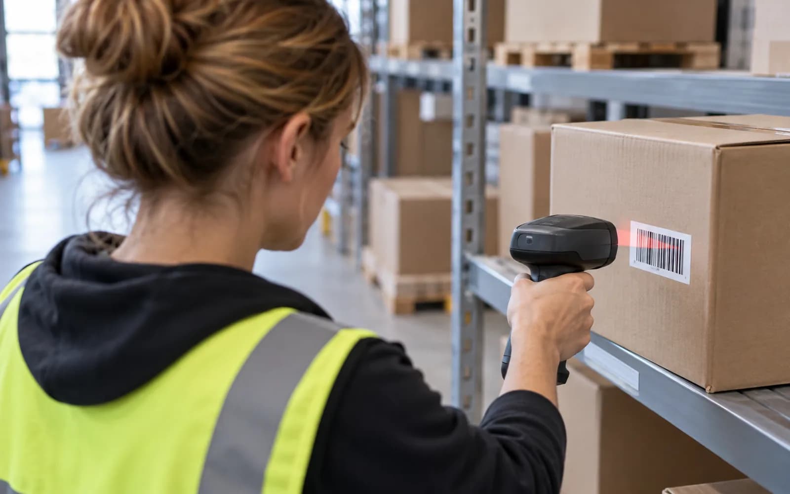Illustration: Warehouse worker scanning a carton with a handheld barcode scanner.