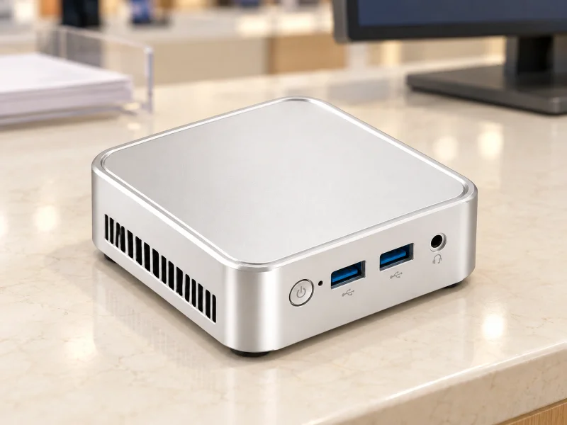 Illustratie: Pale silver mini PC with fine top rim and blue USB-A ports on a counter