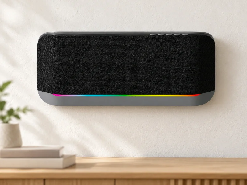 Ilustrasi: Black oblong wall speaker with gray lower base and thin rainbow light line on a wall in Malaysia