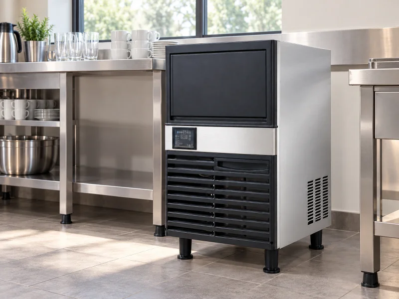 Illustration: Compact stainless cube ice maker on a desk