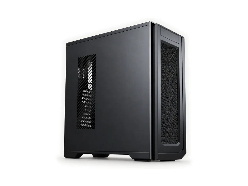 Black tower workstation with narrow side vent and geometric front mesh on a light studio background