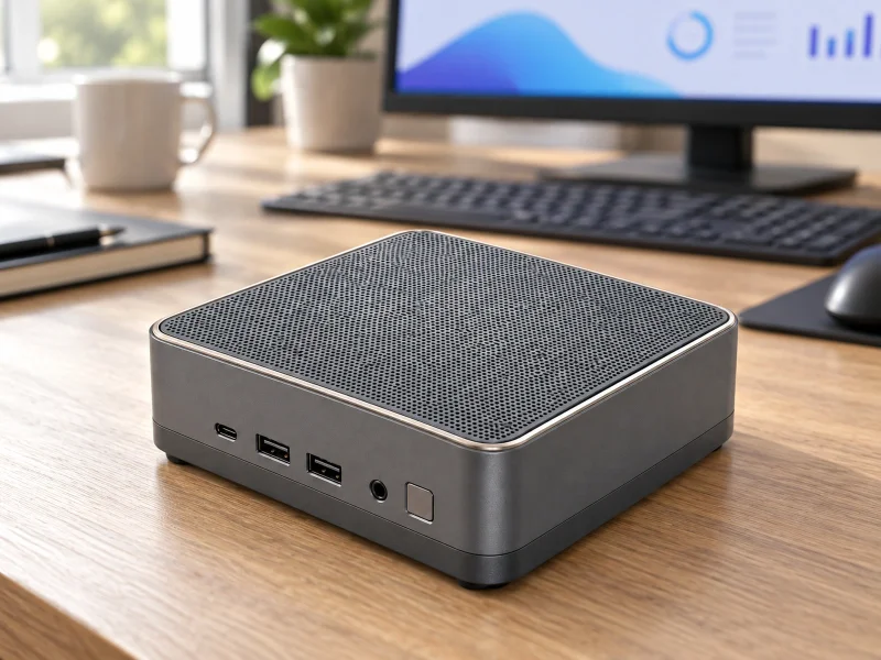 Illustratie: Grey mini PC with fine perforated top grille on a desk